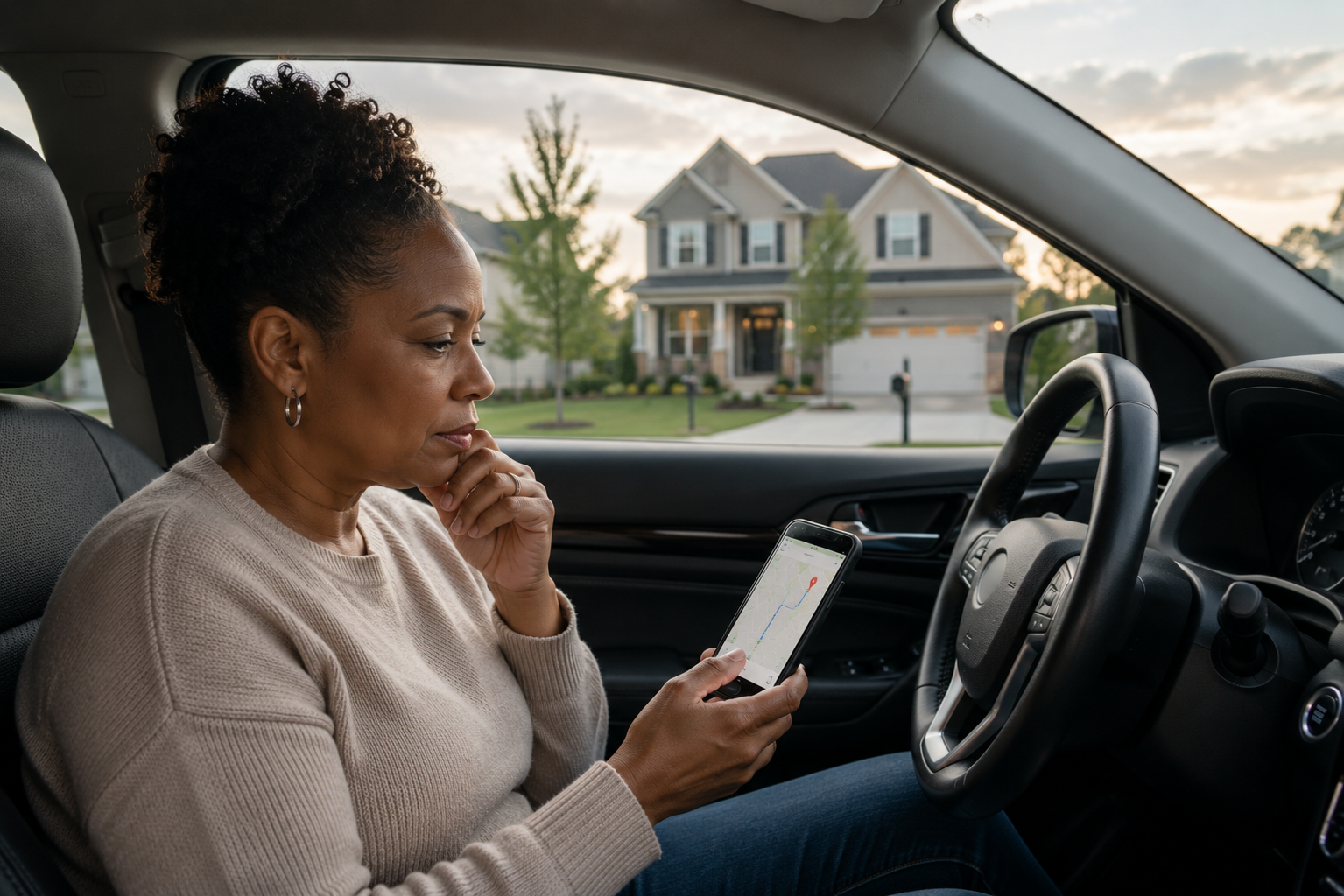 A middle-aged Black woman sitting in her parked vehicle outside a newer Greenville neighborhood during late afternoon, reviewing directions on her phone while thoughtfully considering how a daily commute would fit into her future routine and lifestyle.