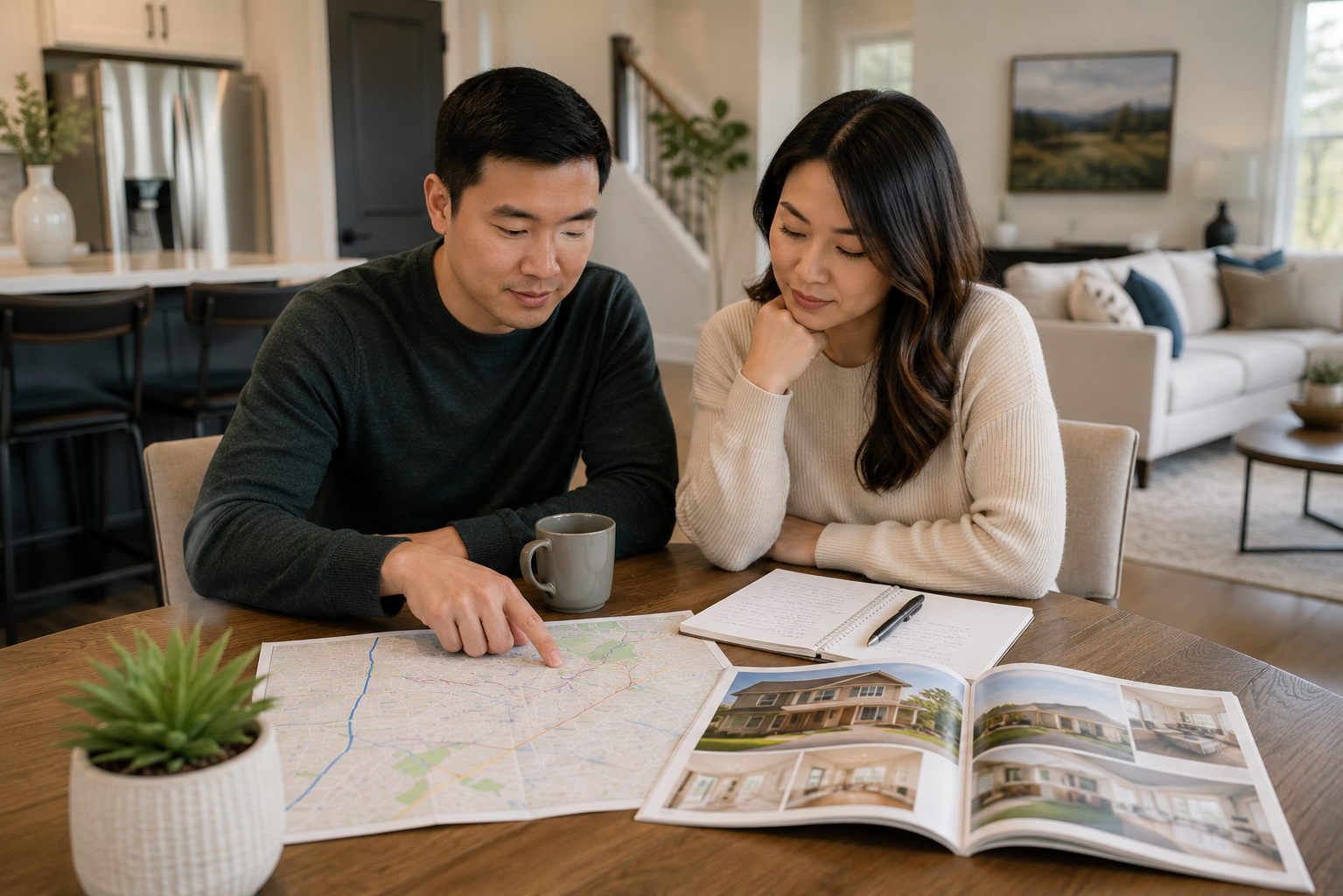 Inside Image Alt Text An Asian couple seated at a dining table inside a newer Greenville home, reviewing neighborhood maps and home notes while discussing how commute times, daily routines, and living space might affect their long-term lifestyle choices. Inside Image Alt Text An Asian couple seated at a dining table inside a newer Greenville home, reviewing neighborhood maps and home notes while discussing how commute times, daily routines, and living space might affect their long-term lifestyle choices.