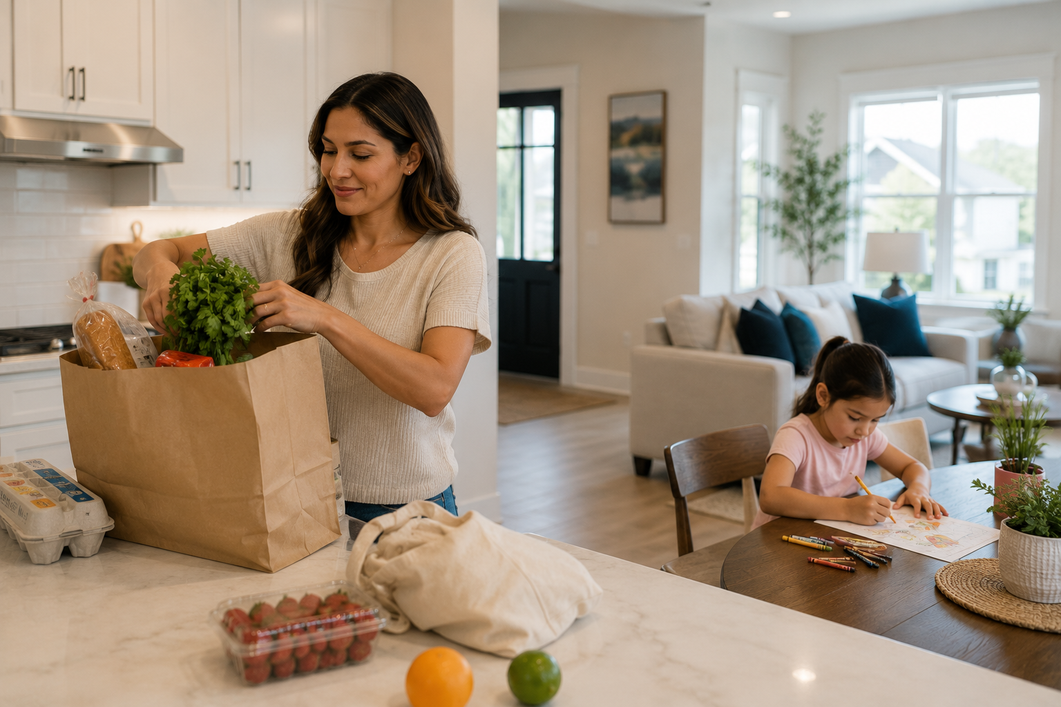 A young Hispanic mother standing in a bright kitchen of a newer Greenville home while unpacking groceries, as natural light fills the space and her young child colors at the nearby dining table, creating a candid moment that highlights how thoughtful design can make everyday life feel less stressful.