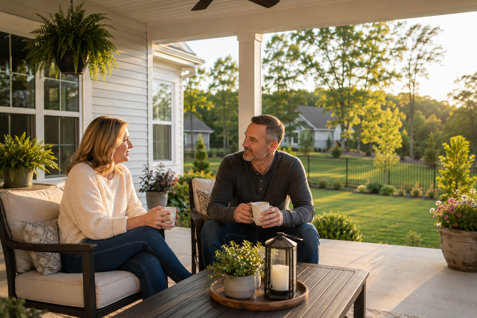 A white couple in their late 40s sitting on a covered backyard patio of a newer Fountain Inn home during an early summer evening, enjoying a quiet conversation over coffee while overlooking a landscaped yard, naturally imagining a slower and more intentional daily routine. A white couple in their late 40s sitting on a covered backyard patio of a newer Fountain Inn home during an early summer evening, enjoying a quiet conversation over coffee while overlooking a landscaped yard, naturally imagining a slower and more intentional daily routine.