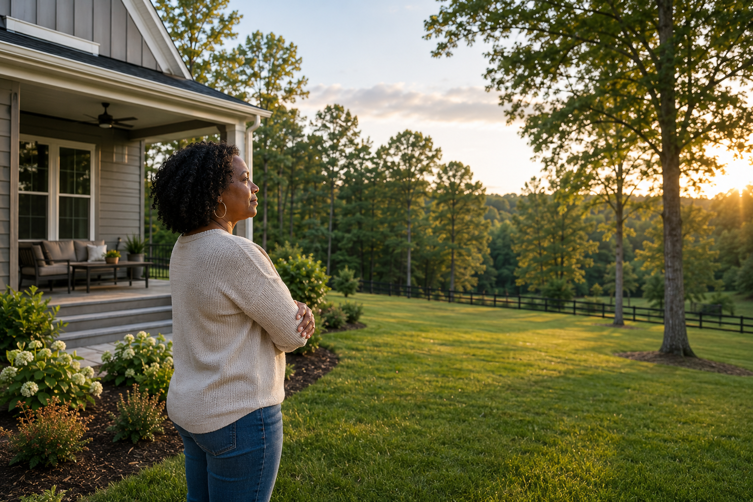 A Black woman in her early 50s standing quietly near the backyard of a newer Gray Court home during late afternoon, looking across a tree-lined property and open green space while reflecting on the balance between convenience, privacy, and everyday peace.