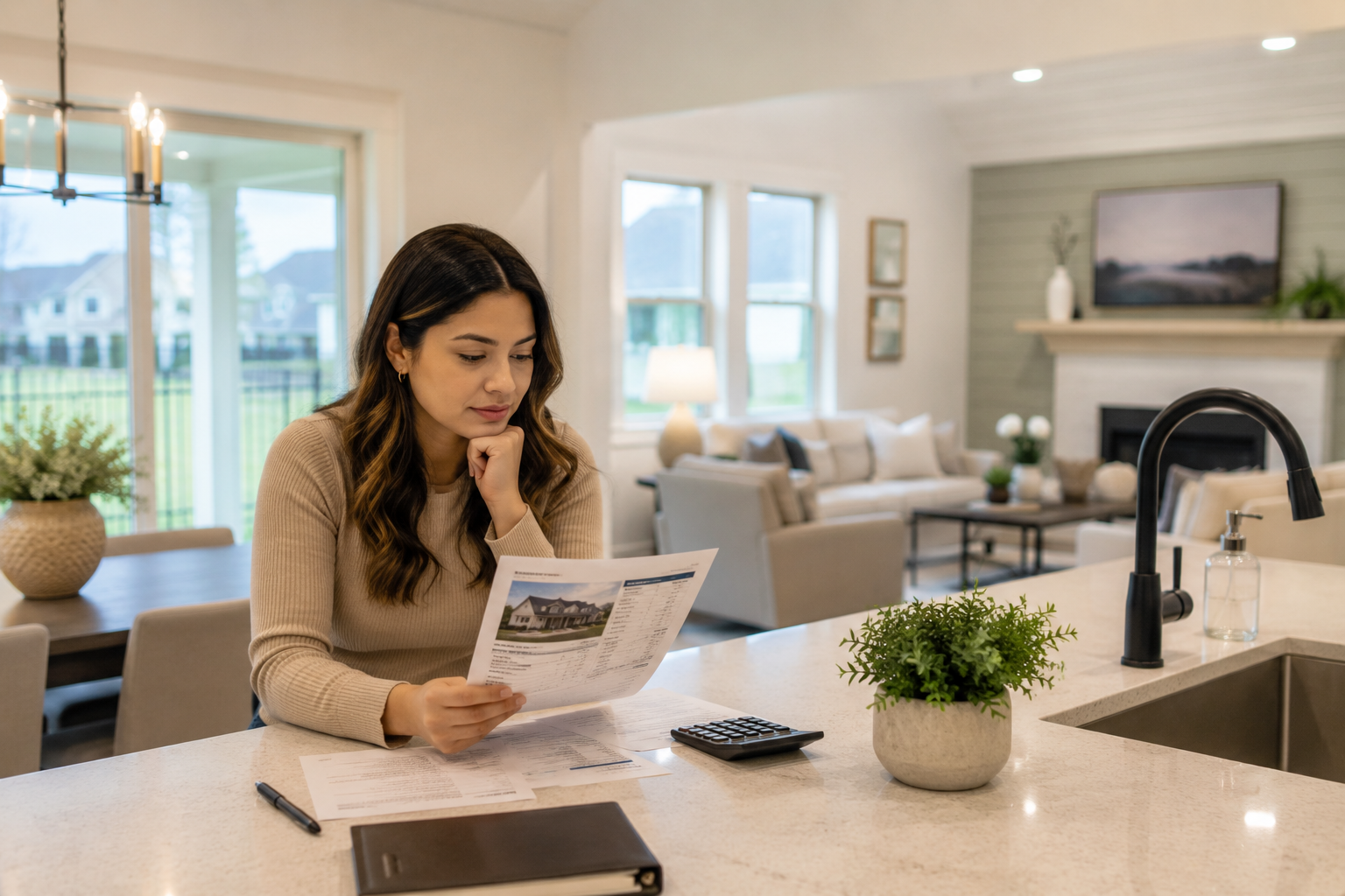 A young Hispanic woman sits at a kitchen island in a model home, quietly reviewing home pricing information while looking out toward the living area, weighing excitement about the home against concerns about affordability.