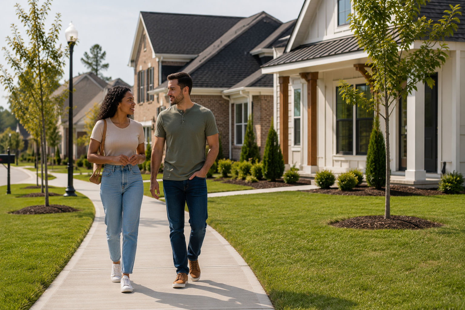 A young interracial couple walks along a neighborhood sidewalk between newer homes, talking casually while exploring the community and imagining what everyday life might feel like after moving there. A young interracial couple walks along a neighborhood sidewalk between newer homes, talking casually while exploring the community and imagining what everyday life might feel like after moving there.