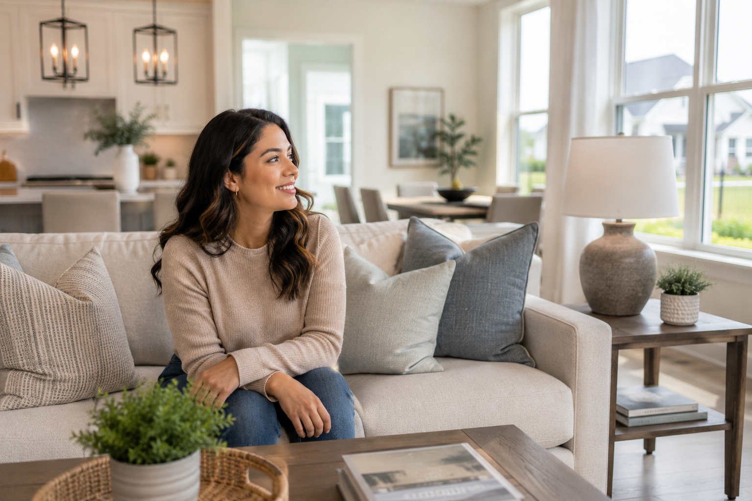 A young Hispanic woman sits comfortably in the bright living room of a newer Greenville home, smiling softly while looking around the space, imagining daily life there and feeling a sense of relief and confidence about the decision.