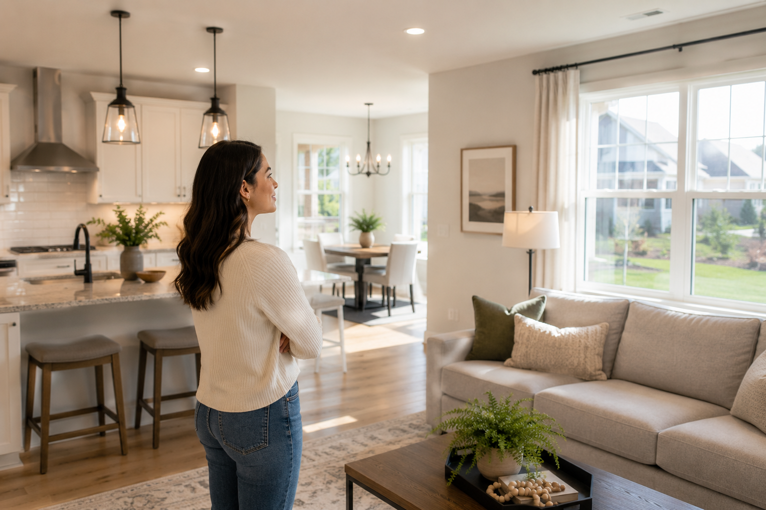 A single professional woman stands in the open living area of a newer Simpsonville home, looking toward the kitchen and natural light-filled gathering spaces while quietly imagining how the home could simplify and support her daily routine.