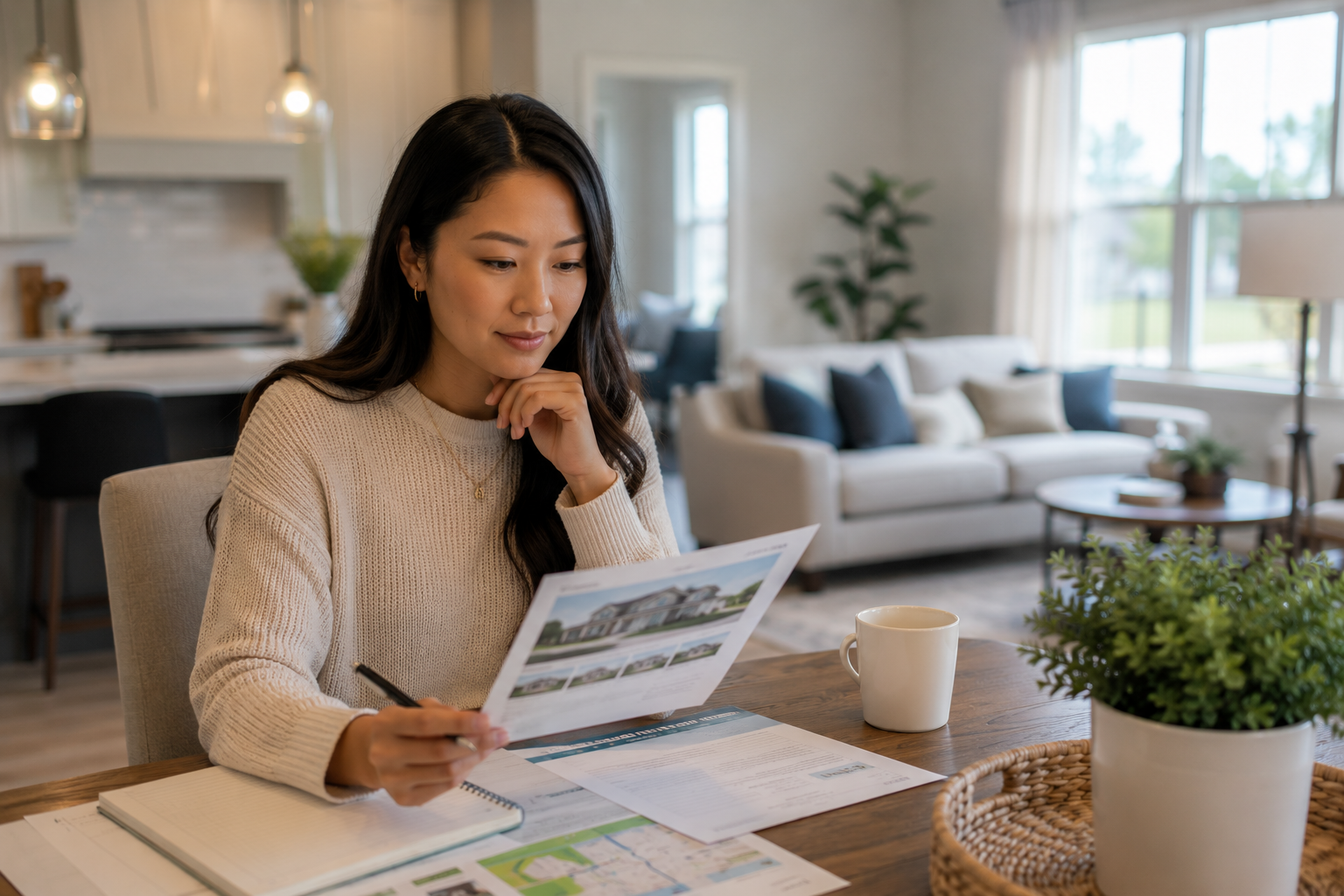 An Asian woman sits at a dining table inside a newer home, reviewing property information with a thoughtful expression while sunlight filters through nearby windows, reflecting a moment of relief as she begins seeing possibilities instead of limitations. An Asian woman sits at a dining table inside a newer home, reviewing property information with a thoughtful expression while sunlight filters through nearby windows, reflecting a moment of relief as she begins seeing possibilities instead of limitations.