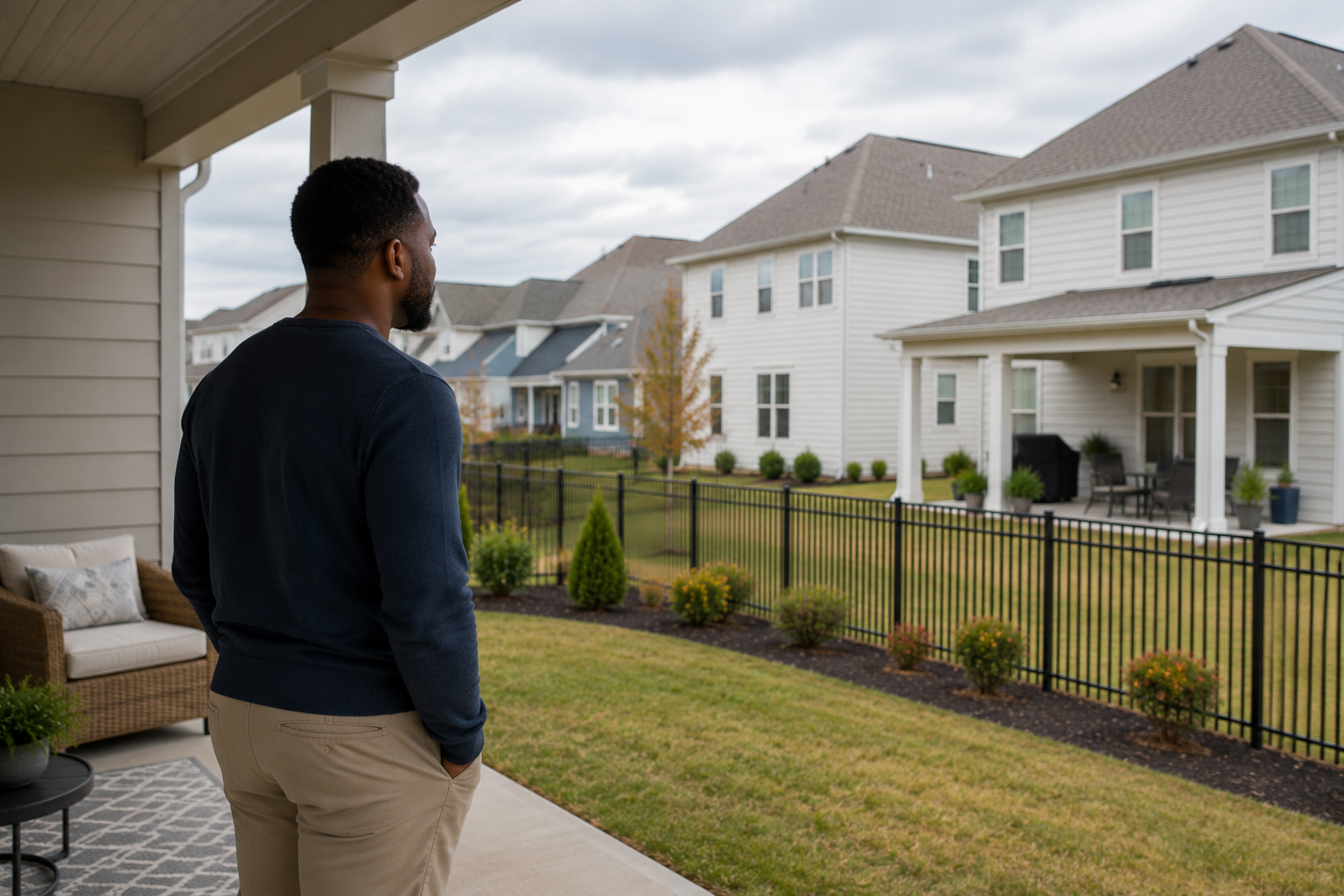 A Black man stands quietly near the backyard patio of a newer home, looking across neighboring homes while thoughtfully considering how the outdoor space might feel during everyday routines, weekend relaxation, and future gatherings with friends.