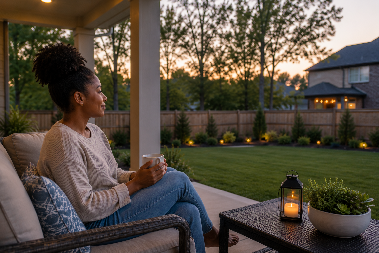 A young Black woman sits comfortably on a covered patio outside a newer home, enjoying the quiet evening air while looking across the backyard, imagining how simple daily routines could feel more relaxing after move-in day. A young Black woman sits comfortably on a covered patio outside a newer home, enjoying the quiet evening air while looking across the backyard, imagining how simple daily routines could feel more relaxing after move-in day.