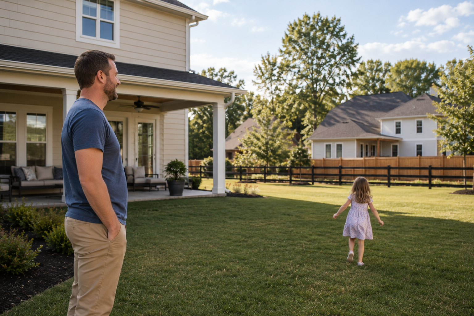 A white father in his late thirties stands near the edge of a spacious backyard while his young daughter plays nearby, both enjoying the openness around a newer home and imagining how the extra space could support everyday family life. A white father in his late thirties stands near the edge of a spacious backyard while his young daughter plays nearby, both enjoying the openness around a newer home and imagining how the extra space could support everyday family life.