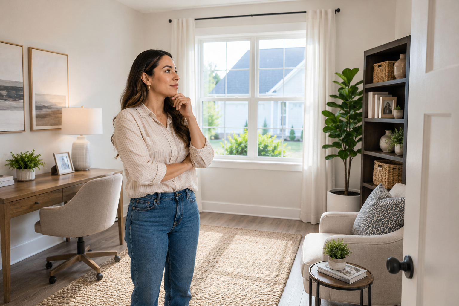 A Hispanic woman in her early thirties stands in a bright flex room inside a newer home, thoughtfully looking around the space while imagining how it could evolve over time as her lifestyle, work, and family needs change.