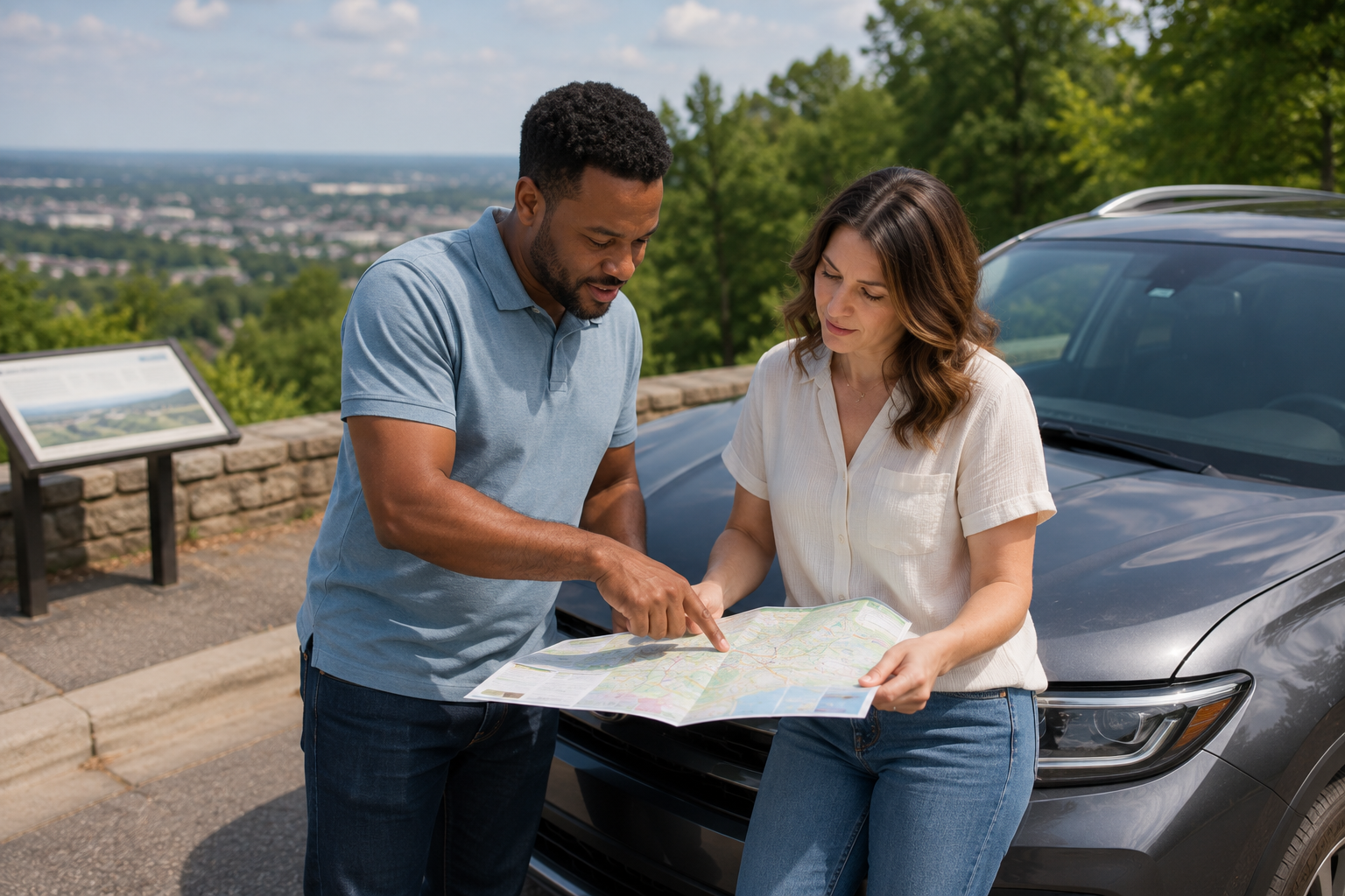 An interracial couple stands beside their vehicle at a community overlook, studying a local map and discussing different neighborhoods while imagining how daily routines, commuting patterns, and lifestyle priorities could shape their future home decision. An interracial couple stands beside their vehicle at a community overlook, studying a local map and discussing different neighborhoods while imagining how daily routines, commuting patterns, and lifestyle priorities could shape their future home decision.