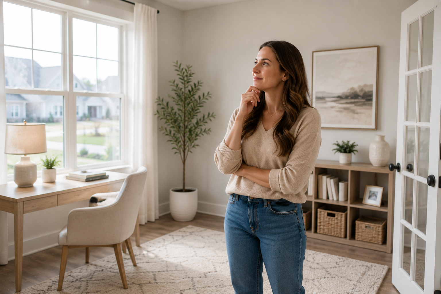 A white woman in her early thirties stands inside a bright flex room in a newer home, thoughtfully looking around the space while imagining how it could serve as a home office, guest room, hobby area, or future family space as life evolves.