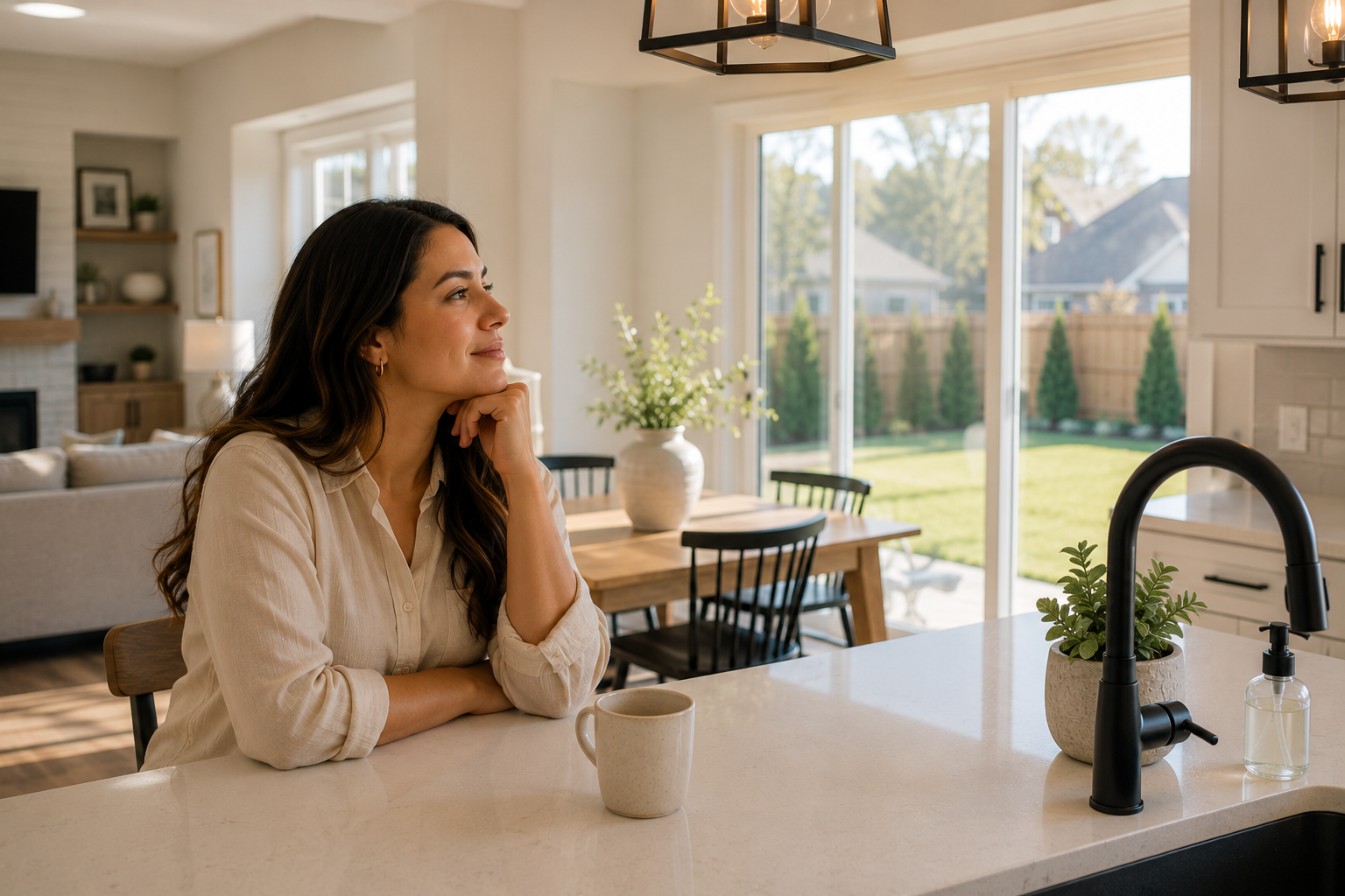 A Hispanic woman in her early thirties sits comfortably at a kitchen island inside a newer home, looking out toward the backyard through large windows while imagining future routines, family gatherings, and the life she hopes to build over the next several years.