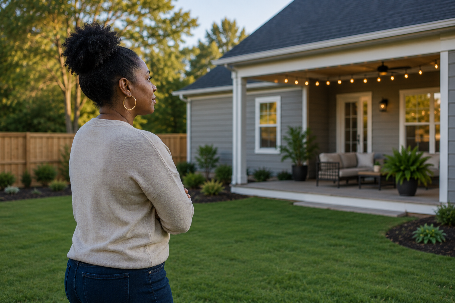 A Black woman in her late thirties stands quietly in a backyard beside a newer home, looking across the lawn toward a covered patio while reflecting on how the property would support her daily routines, future goals, and ideal lifestyle. A Black woman in her late thirties stands quietly in a backyard beside a newer home, looking across the lawn toward a covered patio while reflecting on how the property would support her daily routines, future goals, and ideal lifestyle.