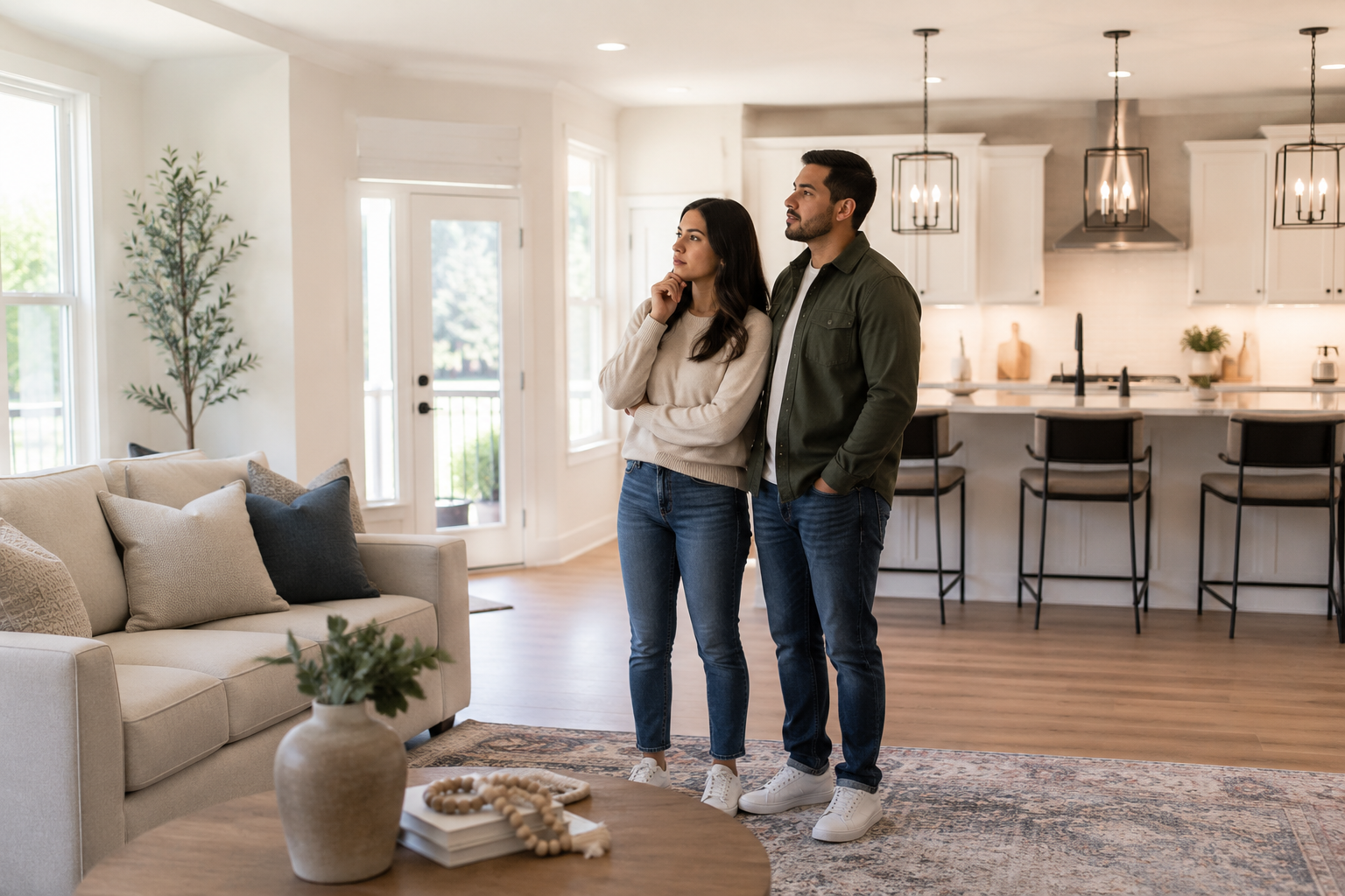 A young Hispanic couple stands quietly in the center of a bright open-concept living room, pausing to imagine how their furniture, daily routines, and future family gatherings might fit within the space as they thoughtfully evaluate whether the home's layout truly matches the life they hope to build.