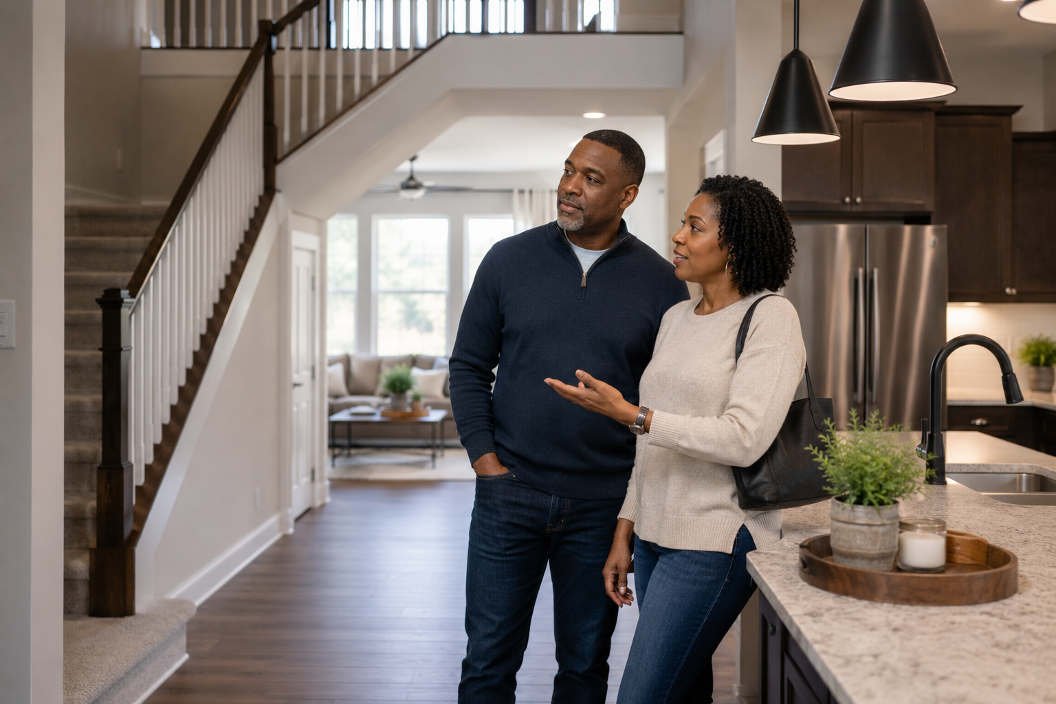 A middle-aged Black couple pauses near the kitchen island of a newer two-story home, quietly discussing how the layout fits their daily routines while looking toward the staircase and adjoining living space, thoughtfully considering how the home would support the life they hope to build. A middle-aged Black couple pauses near the kitchen island of a newer two-story home, quietly discussing how the layout fits their daily routines while looking toward the staircase and adjoining living space, thoughtfully considering how the home would support the life they hope to build.
