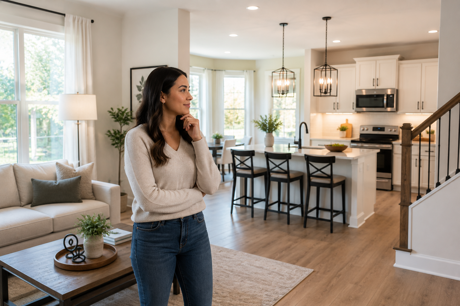A young Hispanic woman stands quietly in the open-concept living area of a newer home, looking toward the kitchen and imagining her daily routines as natural light fills the space, highlighting the home's practical layout and comfortable flow. A young Hispanic woman stands quietly in the open-concept living area of a newer home, looking toward the kitchen and imagining her daily routines as natural light fills the space, highlighting the home's practical layout and comfortable flow.