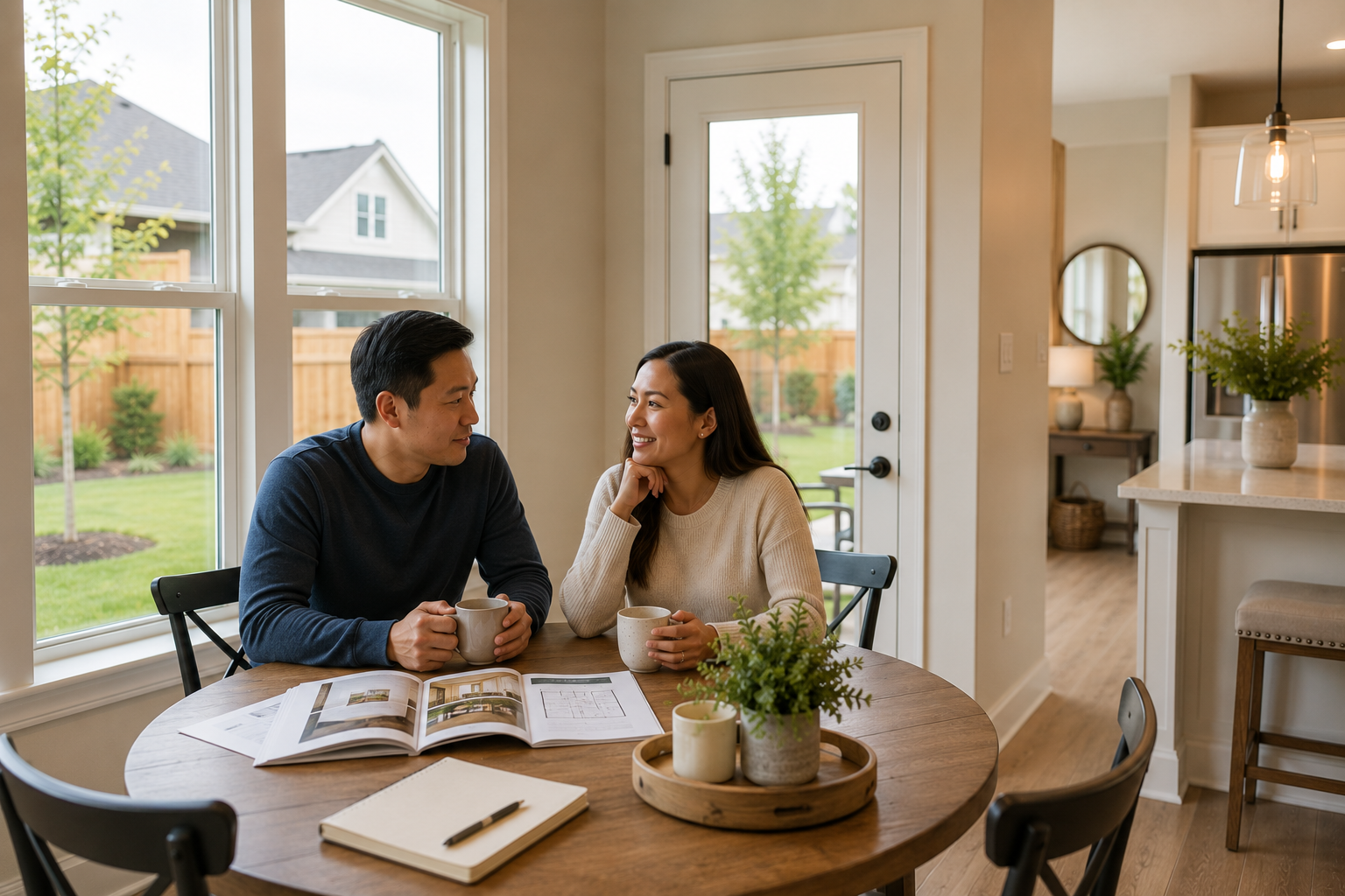 An Asian couple sits together at the breakfast nook of a newer home, looking out toward the backyard while talking through how the home's layout would support their daily routines, work-from-home schedules, and quiet evenings together.