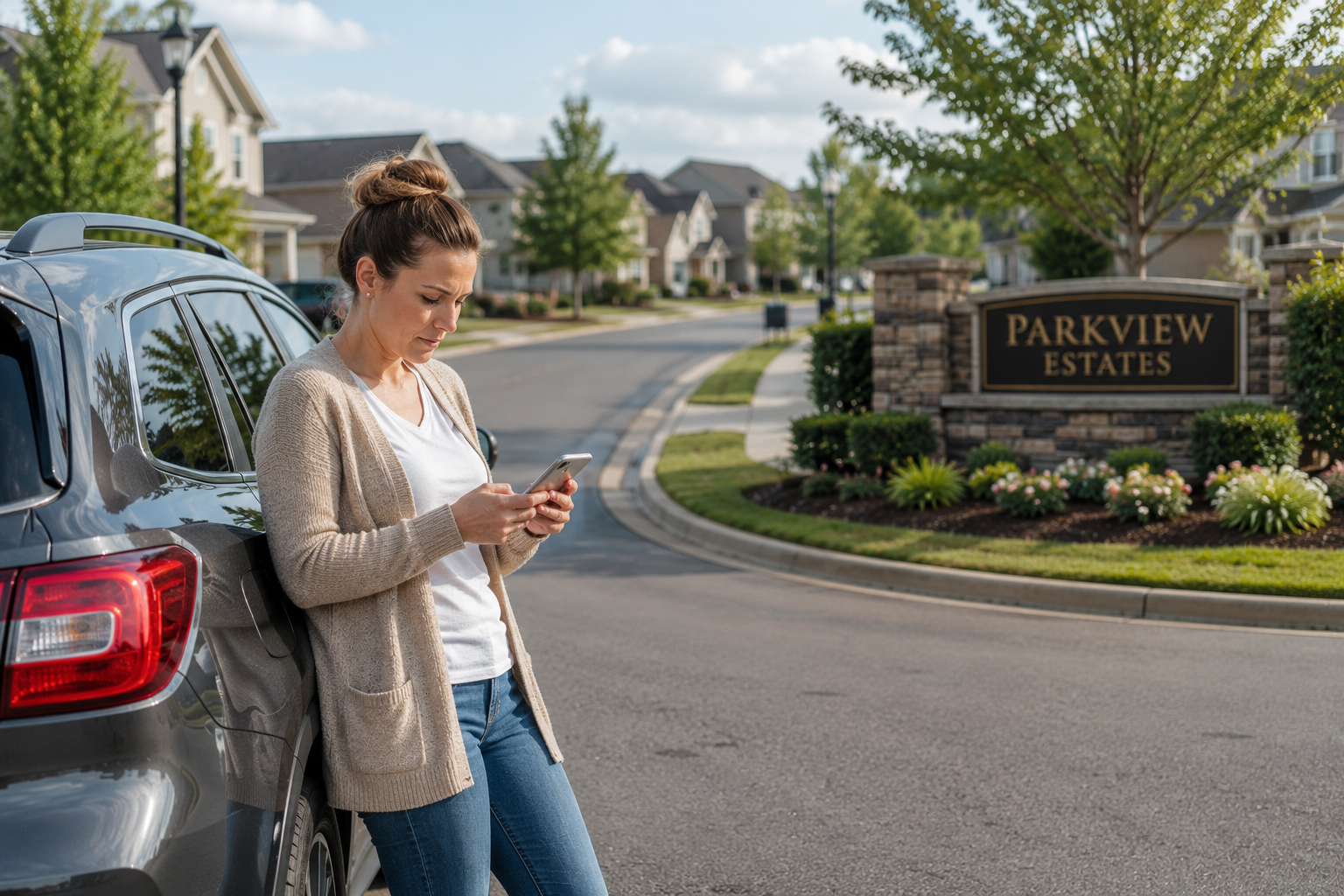 A white woman leans against her vehicle at the entrance of a newer neighborhood while reviewing directions on her phone, thoughtfully considering how the drive to work, nearby restaurants, and everyday errands would fit into her future routine before choosing where to call home. A white woman leans against her vehicle at the entrance of a newer neighborhood while reviewing directions on her phone, thoughtfully considering how the drive to work, nearby restaurants, and everyday errands would fit into her future routine before choosing where to call home.