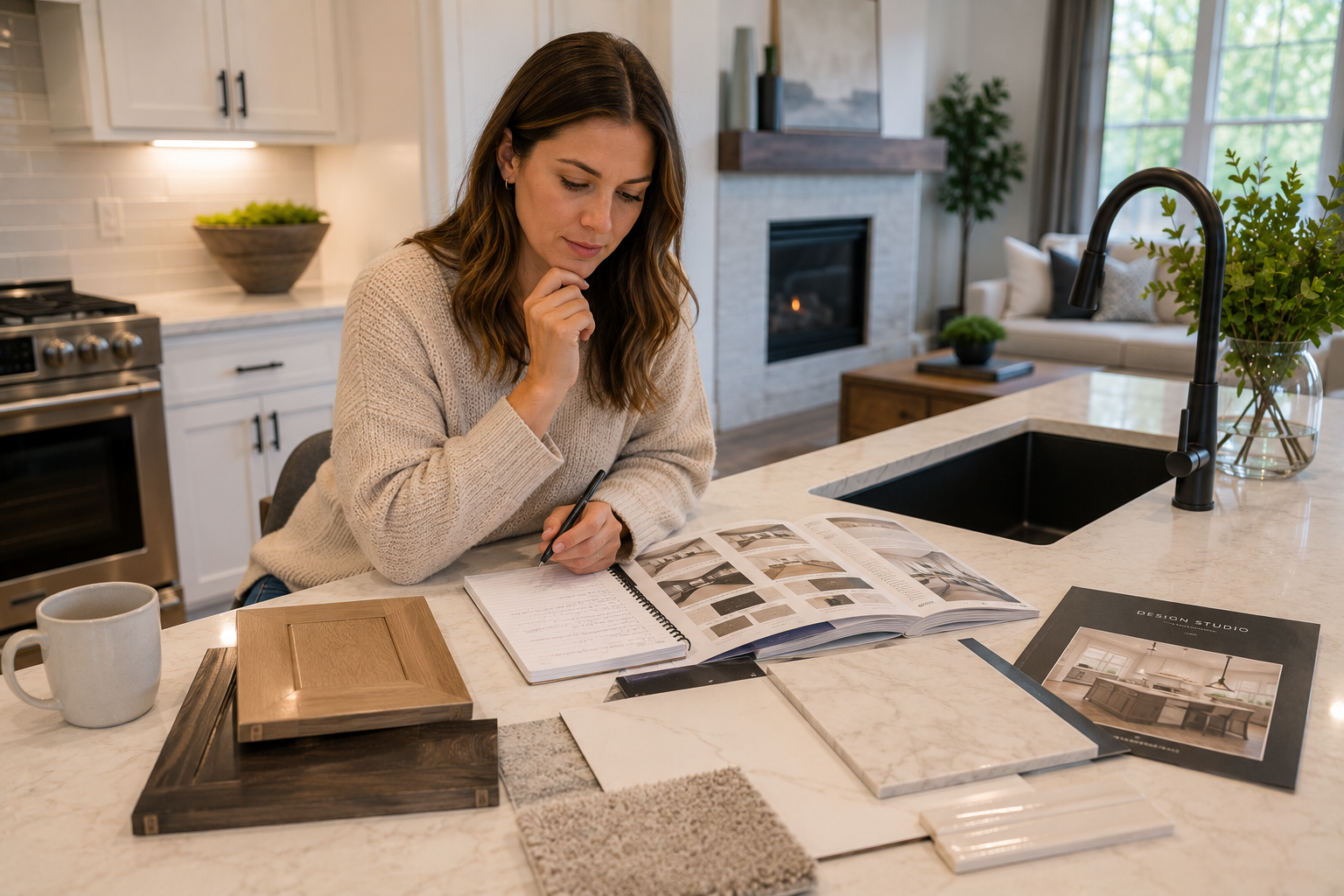 A young white woman sits at the kitchen island of a bright model home with upgrade brochures, cabinet samples, and a notepad spread in front of her as she thoughtfully weighs which features would genuinely improve her daily routines and which she could comfortably live without.