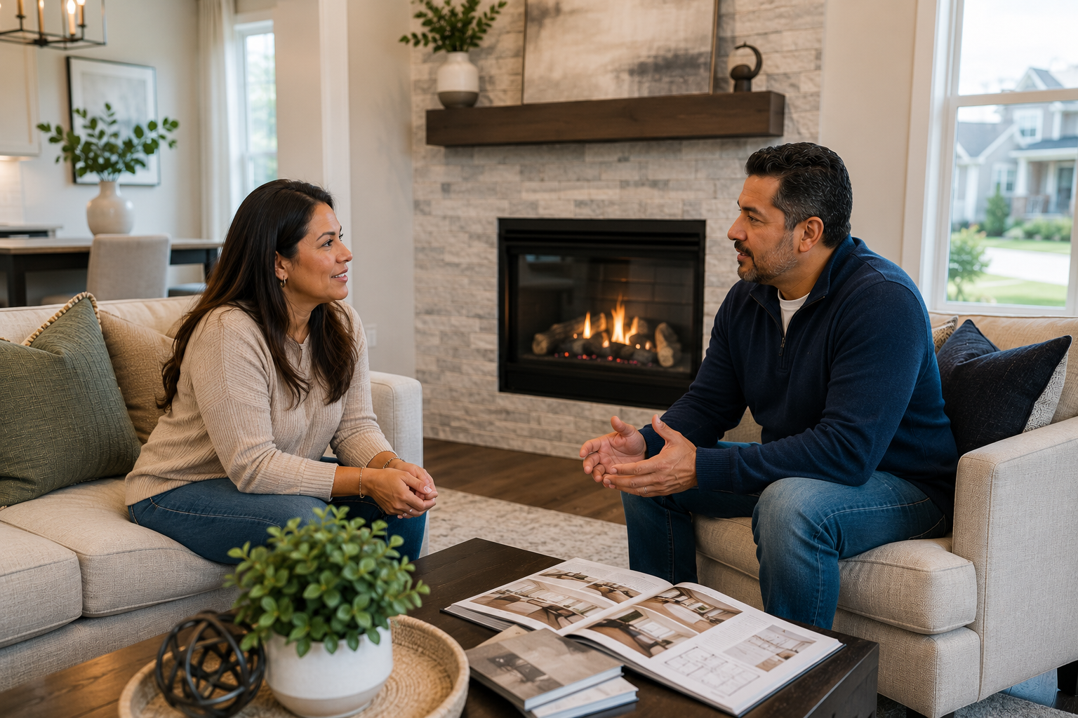 A middle-aged Hispanic couple relaxes in the living room of a bright model home, sitting across from a modern fireplace while talking about how they spend evenings together and whether the feature would truly become part of their everyday life.