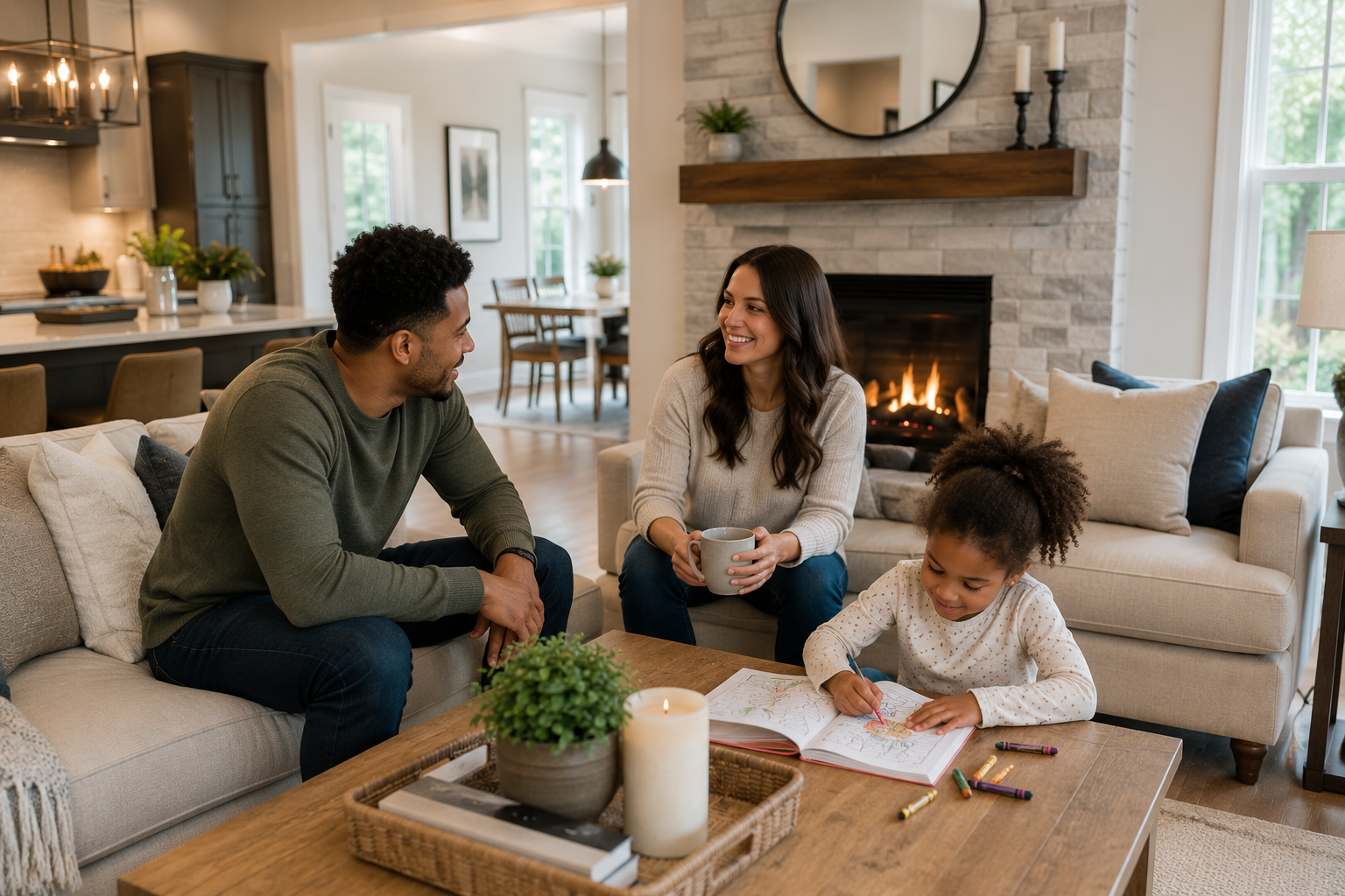 A young interracial family relaxes together in a bright open-concept living room, talking comfortably around a modern fireplace while their young child colors at the coffee table, creating the kind of everyday gathering space many buyers hope to find in a home. A young interracial family relaxes together in a bright open-concept living room, talking comfortably around a modern fireplace while their young child colors at the coffee table, creating the kind of everyday gathering space many buyers hope to find in a home.