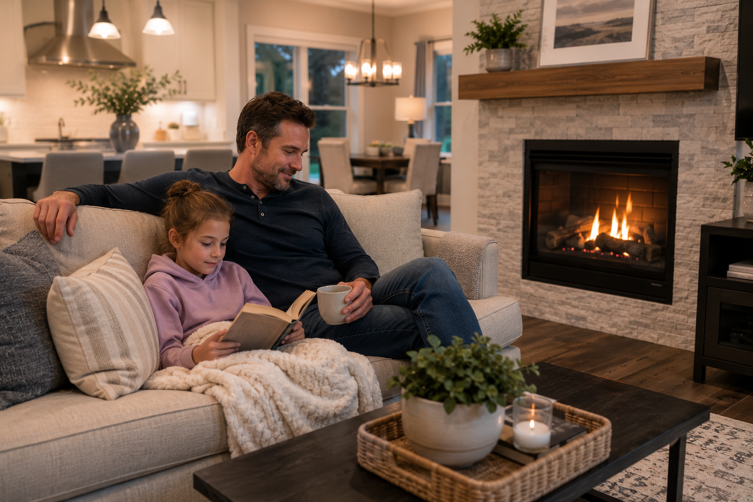 A single white father sits comfortably on a sectional sofa in a bright open-concept living room while his young daughter reads beside the fireplace, both enjoying a quiet evening together in a space that feels peaceful, connected, and easy to imagine calling home.
