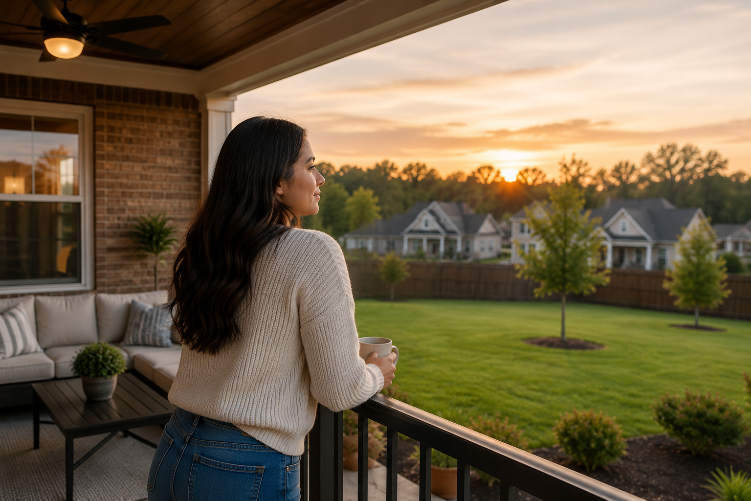 A young Hispanic woman stands quietly on the covered back patio of a newer home overlooking a spacious backyard, taking in the peaceful surroundings while imagining how the slower pace, extra space, and quiet evenings would fit her everyday life. A young Hispanic woman stands quietly on the covered back patio of a newer home overlooking a spacious backyard, taking in the peaceful surroundings while imagining how the slower pace, extra space, and quiet evenings would fit her everyday life.