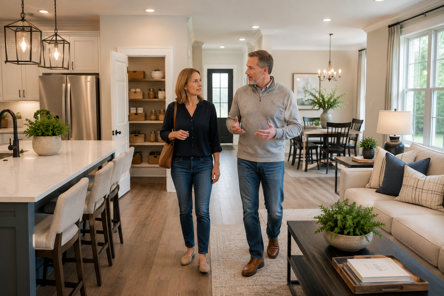 A middle-aged white couple walks slowly through a bright open-concept model home, pausing between the kitchen and living room as they discuss how the layout, storage, and natural flow would support their everyday routines more than simply having extra square footage. A middle-aged white couple walks slowly through a bright open-concept model home, pausing between the kitchen and living room as they discuss how the layout, storage, and natural flow would support their everyday routines more than simply having extra square footage.