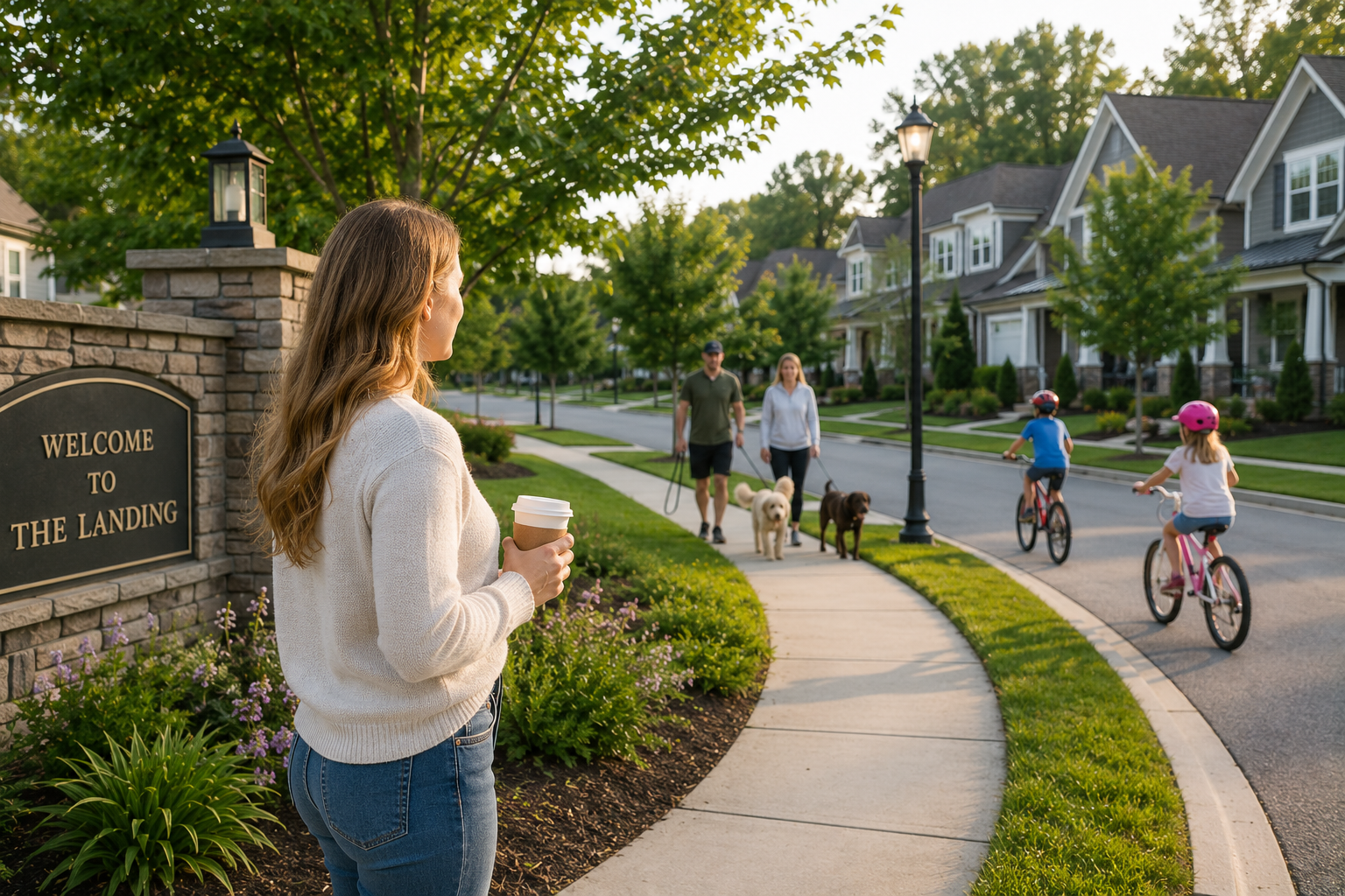 A young white woman stands near the entrance to a newer Greenville neighborhood with a coffee in hand, quietly watching residents walk their dogs and children ride bicycles as she imagines whether the community's pace, atmosphere, and everyday routines would feel like the right fit for her life. A young white woman stands near the entrance to a newer Greenville neighborhood with a coffee in hand, quietly watching residents walk their dogs and children ride bicycles as she imagines whether the community's pace, atmosphere, and everyday routines would feel like the right fit for her life.