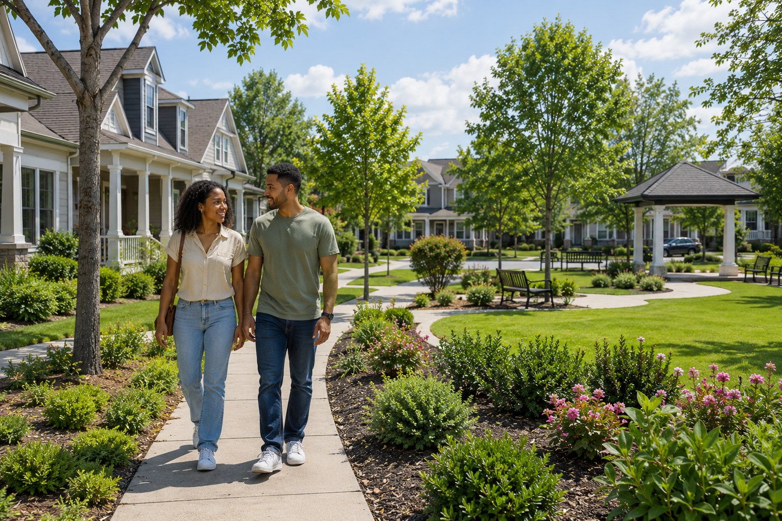 A young interracial couple strolls through a newer Greenville builder community, pausing beside a landscaped pocket park as they quietly compare the neighborhood's modern feel with the charm of older communities, imagining which environment would best support their daily routines and long-term lifestyle. A young interracial couple strolls through a newer Greenville builder community, pausing beside a landscaped pocket park as they quietly compare the neighborhood's modern feel with the charm of older communities, imagining which environment would best support their daily routines and long-term lifestyle.