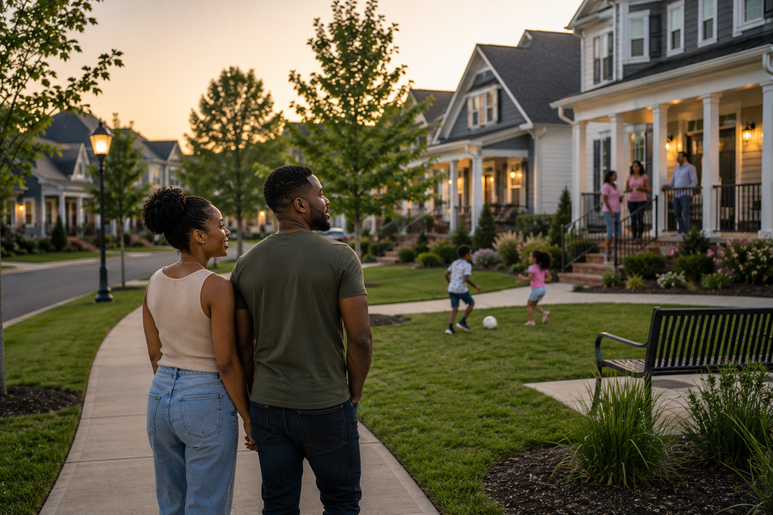 A young Black couple strolls through a newer Simpsonville neighborhood after dinner, pausing near a small community green space as they watch neighbors chat on front porches and children play nearby, quietly imagining how their own daily routines could become part of the community.