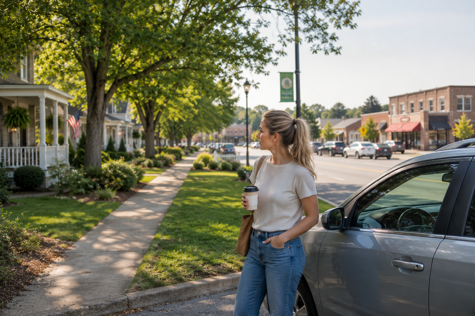 A young white woman stands beside her SUV at the edge of a quiet Gray Court neighborhood, looking toward a charming tree-lined street before glancing at nearby businesses in the distance, thoughtfully weighing the area's peaceful character against the convenience of her daily routine.