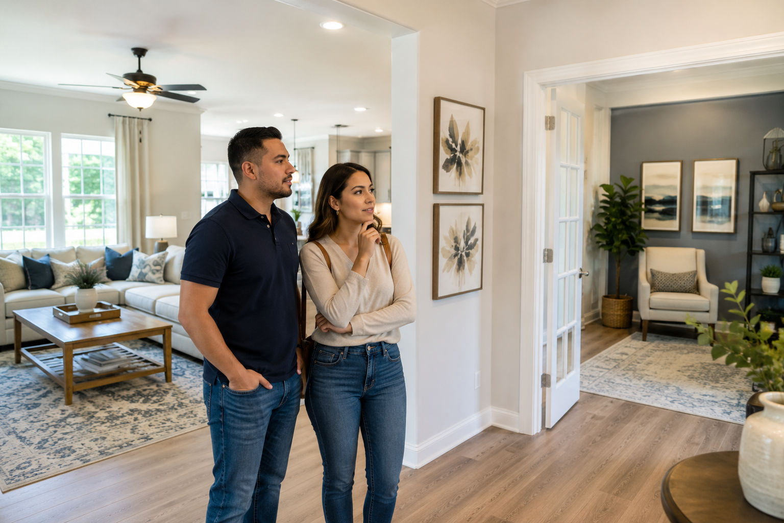 A young Hispanic couple stands inside a bright open-concept model home in Greenville, pausing between a spacious living area and an unused flex room as they quietly discuss which spaces would truly become part of their everyday routines and which rooms might rarely be used.