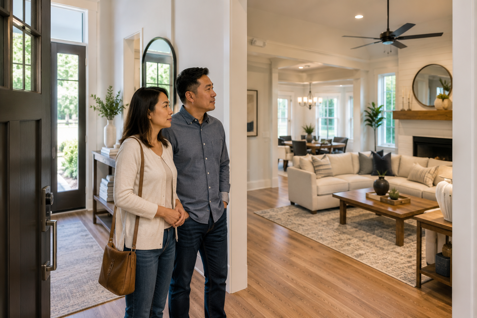 A middle-aged Asian couple stands just inside the front door of a bright model home in Greenville, pausing between the spacious foyer and the open family room as they quietly discuss whether a grand first impression or additional everyday living space would better fit the way they actually live. A middle-aged Asian couple stands just inside the front door of a bright model home in Greenville, pausing between the spacious foyer and the open family room as they quietly discuss whether a grand first impression or additional everyday living space would better fit the way they actually live.
