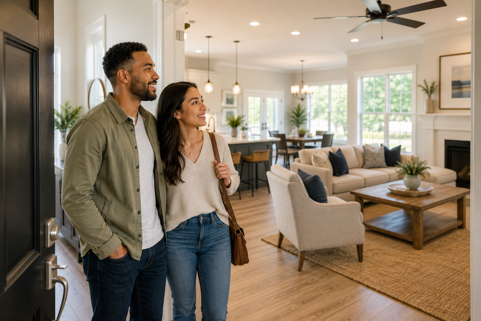 A young interracial couple steps through the front door of a bright Greenville model home, pausing quietly as sunlight fills the open living space, exchanging thoughtful smiles while taking in the welcoming atmosphere and imagining the everyday moments they could build there.