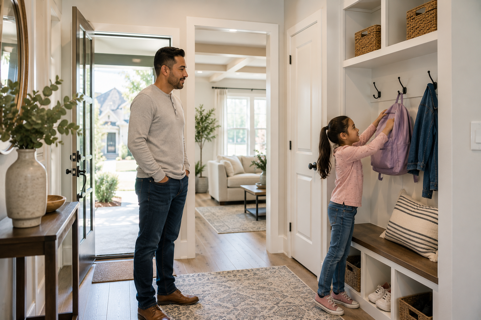A young Hispanic father stands just inside the entryway of a bright Simpsonville model home while his elementary-aged daughter hangs her backpack on a built-in storage nook, capturing a quiet everyday moment that helps him imagine smoother mornings and a more organized routine. A young Hispanic father stands just inside the entryway of a bright Simpsonville model home while his elementary-aged daughter hangs her backpack on a built-in storage nook, capturing a quiet everyday moment that helps him imagine smoother mornings and a more organized routine.