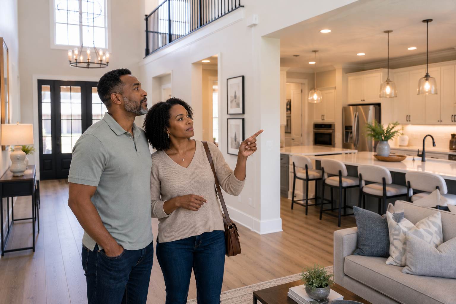 A middle-aged Black couple stands together in a bright Fountain Inn model home, quietly comparing a dramatic two-story foyer with the nearby kitchen and everyday living spaces as they discuss which features would make daily life easier long after the excitement of move-in day. A middle-aged Black couple stands together in a bright Fountain Inn model home, quietly comparing a dramatic two-story foyer with the nearby kitchen and everyday living spaces as they discuss which features would make daily life easier long after the excitement of move-in day.