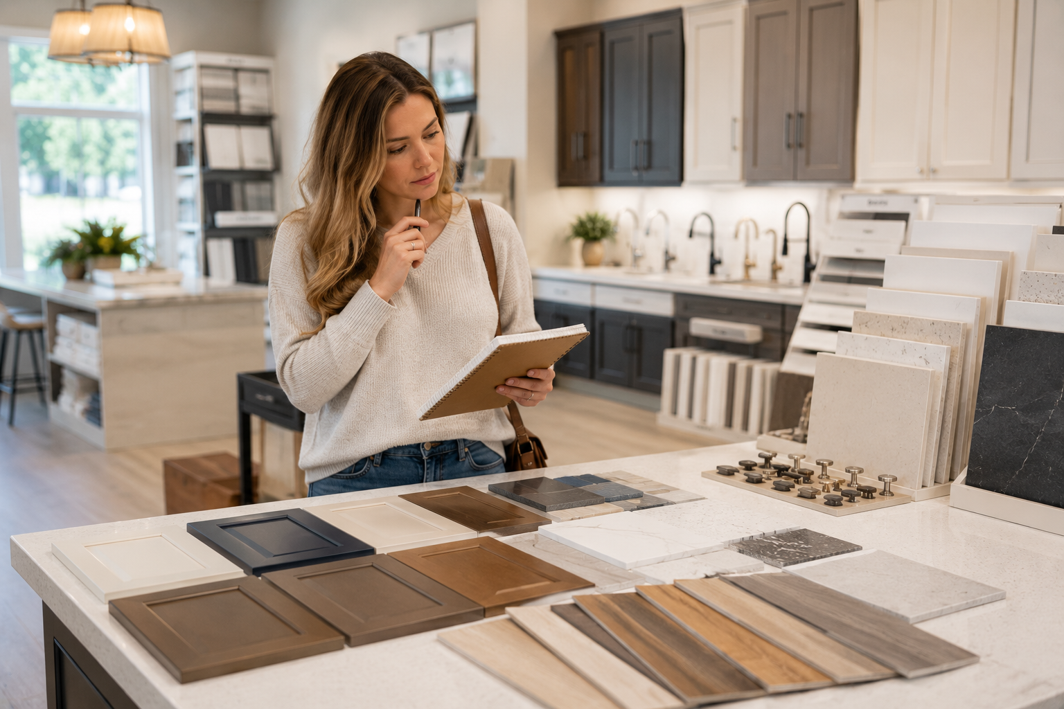 A young white woman stands inside a bright Greenville design center, thoughtfully comparing cabinet finishes, flooring samples, and countertop options while holding a notebook, quietly considering which features will truly improve her daily routines rather than simply following current trends. A young white woman stands inside a bright Greenville design center, thoughtfully comparing cabinet finishes, flooring samples, and countertop options while holding a notebook, quietly considering which features will truly improve her daily routines rather than simply following current trends.