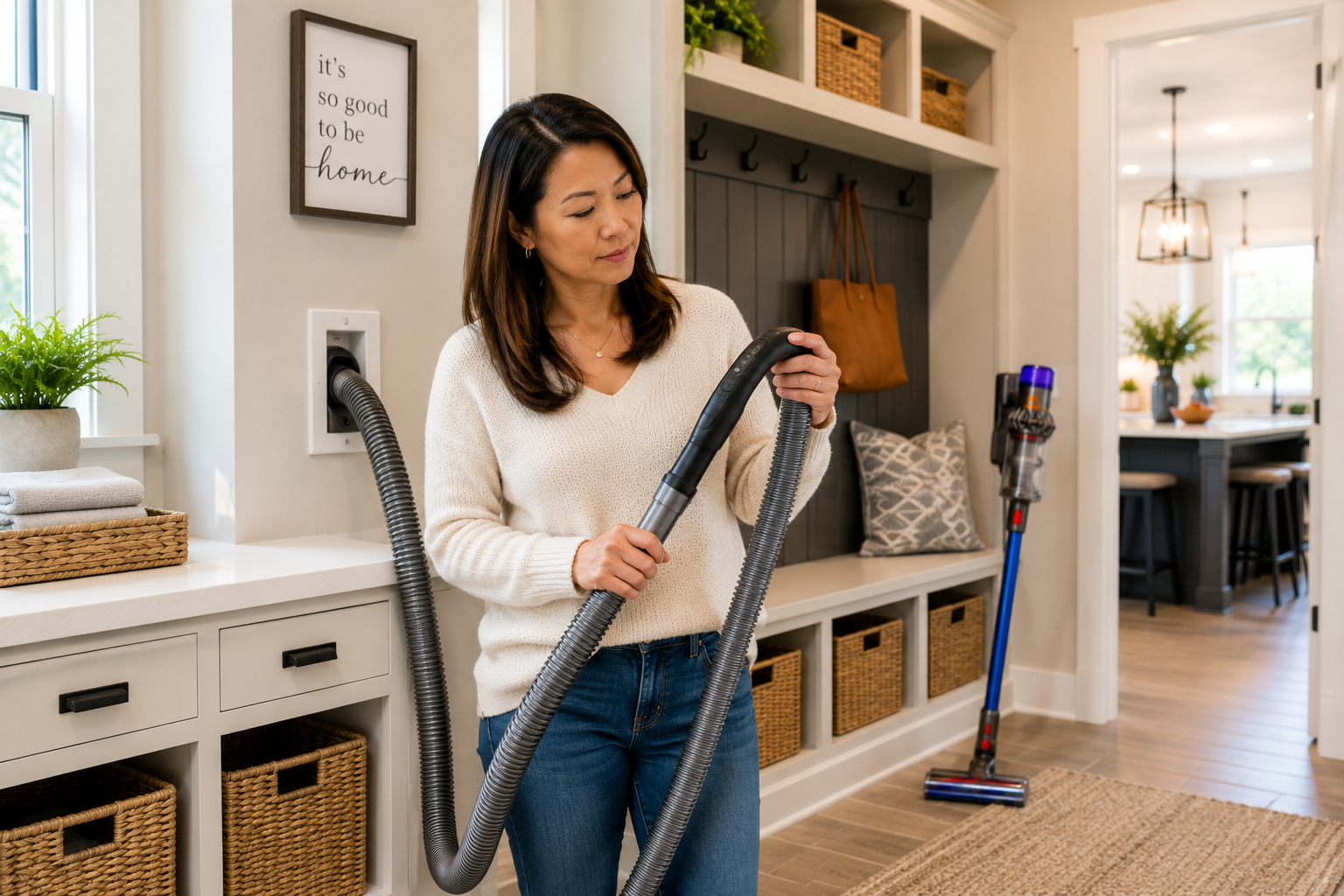 A middle-aged Asian woman stands inside the laundry and mudroom of a bright Greenville model home, holding the lightweight hose of a built-in central vacuum while thoughtfully comparing it to a cordless vacuum resting nearby, imagining which option would better fit her everyday cleaning routine. A middle-aged Asian woman stands inside the laundry and mudroom of a bright Greenville model home, holding the lightweight hose of a built-in central vacuum while thoughtfully comparing it to a cordless vacuum resting nearby, imagining which option would better fit her everyday cleaning routine.