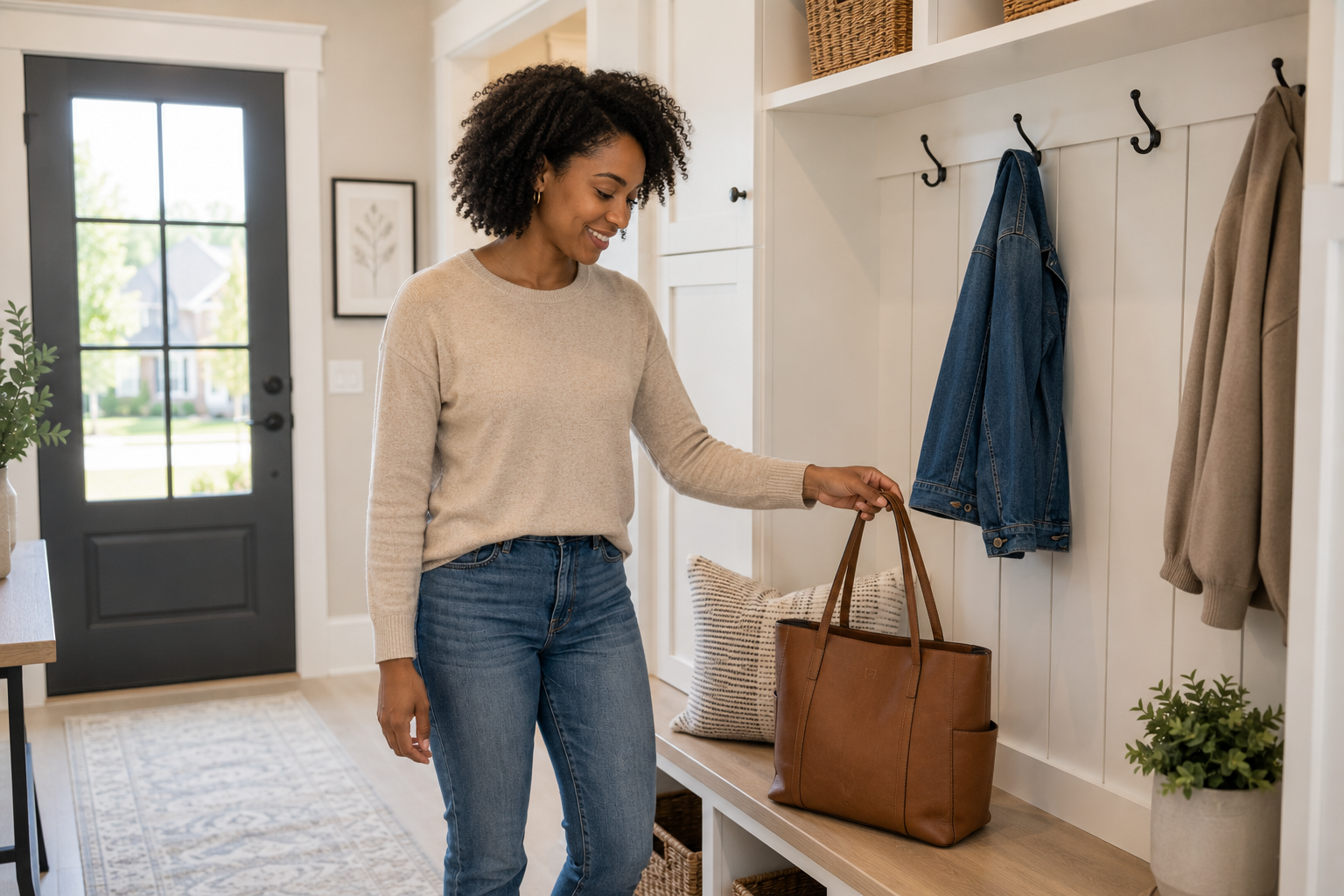 A young Black woman stands inside the mudroom of a bright Greenville model home, smiling thoughtfully as she places her work bag on a built-in storage bench, quietly imagining how simple organizational features could make her daily routine feel less stressful and more enjoyable. A young Black woman stands inside the mudroom of a bright Greenville model home, smiling thoughtfully as she places her work bag on a built-in storage bench, quietly imagining how simple organizational features could make her daily routine feel less stressful and more enjoyable.