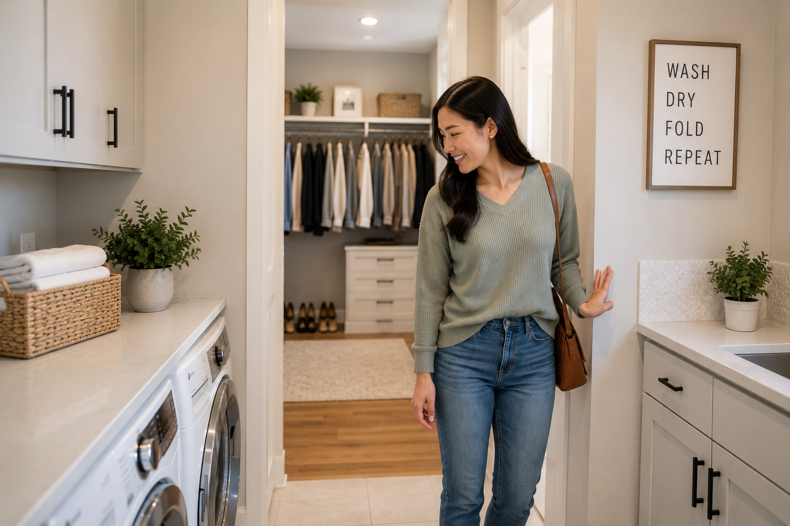 A young Asian woman stands inside the laundry room of a bright Simpsonville model home, smiling thoughtfully as she notices the direct connection to the primary closet, quietly imagining how that simple design choice could make weekly routines easier long after move-in day. A young Asian woman stands inside the laundry room of a bright Simpsonville model home, smiling thoughtfully as she notices the direct connection to the primary closet, quietly imagining how that simple design choice could make weekly routines easier long after move-in day.