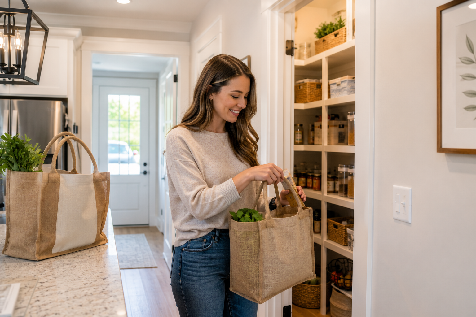 A young white woman stands in the kitchen of a bright Fountain Inn model home, smiling as she unloads reusable grocery bags into a walk-in pantry just inside the garage entrance, quietly realizing how one simple feature could make her daily routine easier long after move-in day. A young white woman stands in the kitchen of a bright Fountain Inn model home, smiling as she unloads reusable grocery bags into a walk-in pantry just inside the garage entrance, quietly realizing how one simple feature could make her daily routine easier long after move-in day.