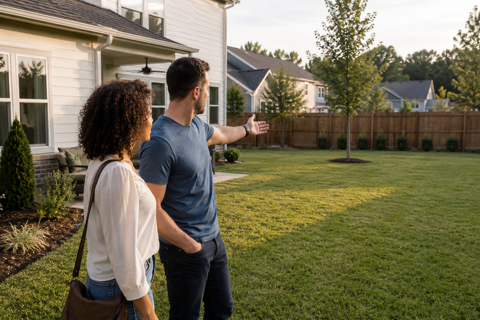 A young interracial couple stands in the backyard of a newer Greenville home, quietly looking across the spacious lawn while one of them gestures toward the mowing area, thoughtfully imagining how much time and effort the yard would require throughout the year before deciding if it truly fits their lifestyle. A young interracial couple stands in the backyard of a newer Greenville home, quietly looking across the spacious lawn while one of them gestures toward the mowing area, thoughtfully imagining how much time and effort the yard would require throughout the year before deciding if it truly fits their lifestyle.