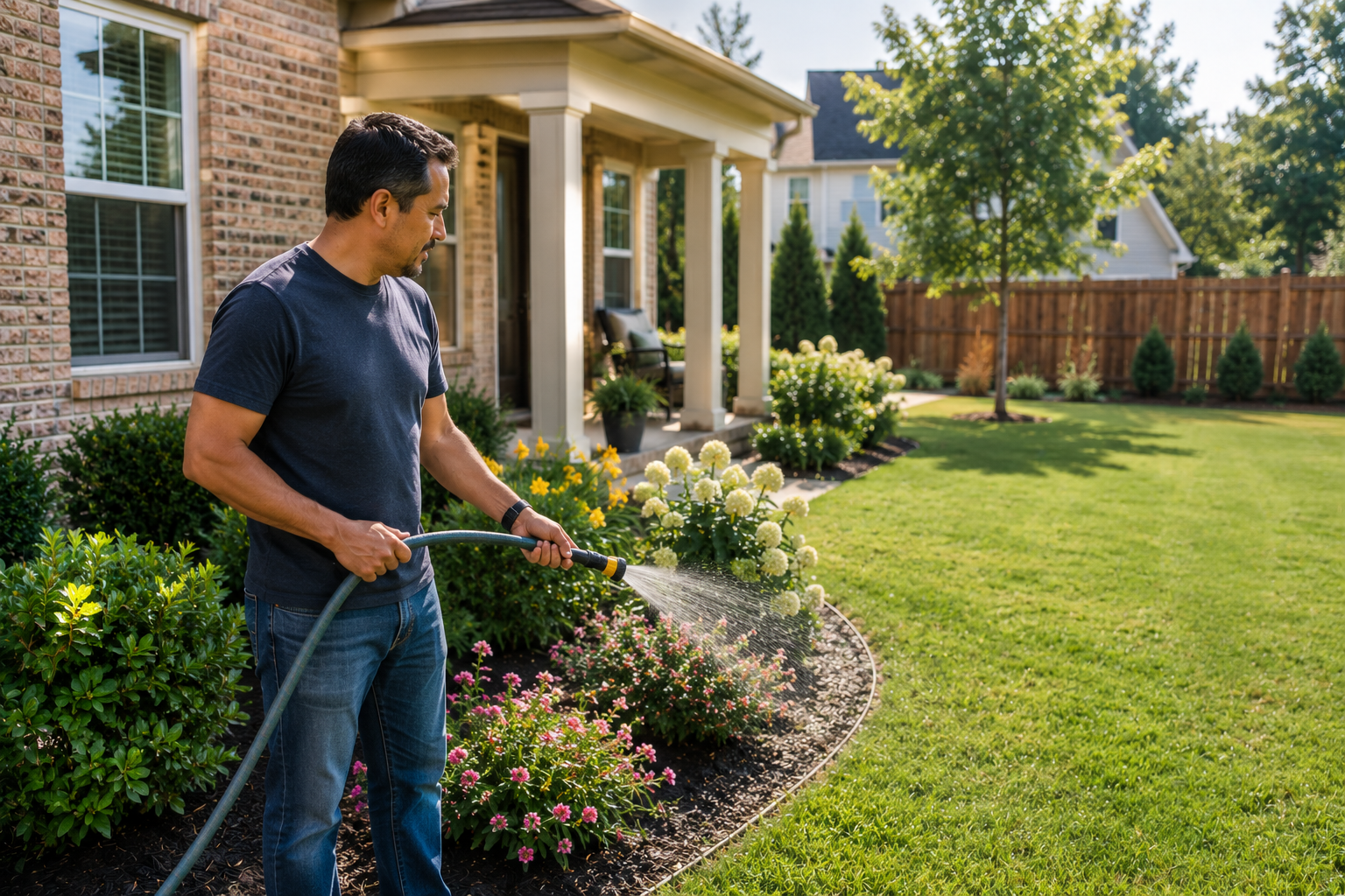 A middle-aged Hispanic man stands beside the flower beds of a newer Greenville home, thoughtfully adjusting a garden hose while looking across the freshly watered lawn, quietly considering whether an automatic irrigation system or a simpler hands-on routine would better match his everyday lifestyle. A middle-aged Hispanic man stands beside the flower beds of a newer Greenville home, thoughtfully adjusting a garden hose while looking across the freshly watered lawn, quietly considering whether an automatic irrigation system or a simpler hands-on routine would better match his everyday lifestyle.