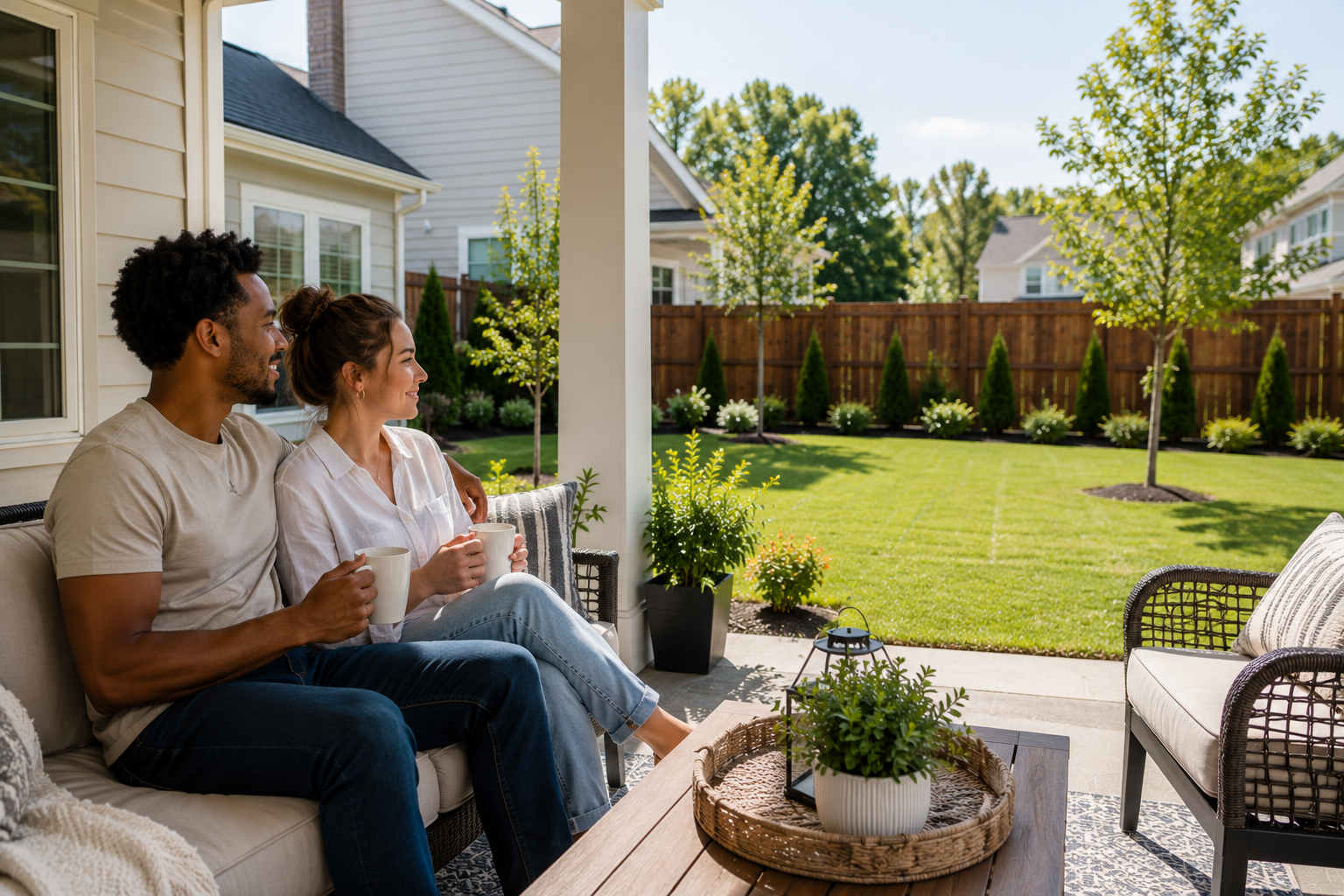 A young interracial couple relaxes together on the covered patio of a newer Simpsonville home on a sunny Saturday morning, sharing coffee while looking across a neatly maintained backyard with simple landscaping, quietly enjoying the feeling that their weekends can be spent making memories instead of catching up on endless yard work. A young interracial couple relaxes together on the covered patio of a newer Simpsonville home on a sunny Saturday morning, sharing coffee while looking across a neatly maintained backyard with simple landscaping, quietly enjoying the feeling that their weekends can be spent making memories instead of catching up on endless yard work.
