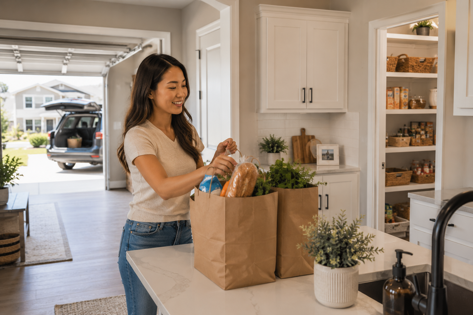A young Asian woman stands just inside the garage entrance of a bright Gray Court model home, smiling as she sets grocery bags on the kitchen island before placing them into a nearby walk-in pantry, quietly realizing how thoughtful design can make everyday routines feel simpler and less stressful.