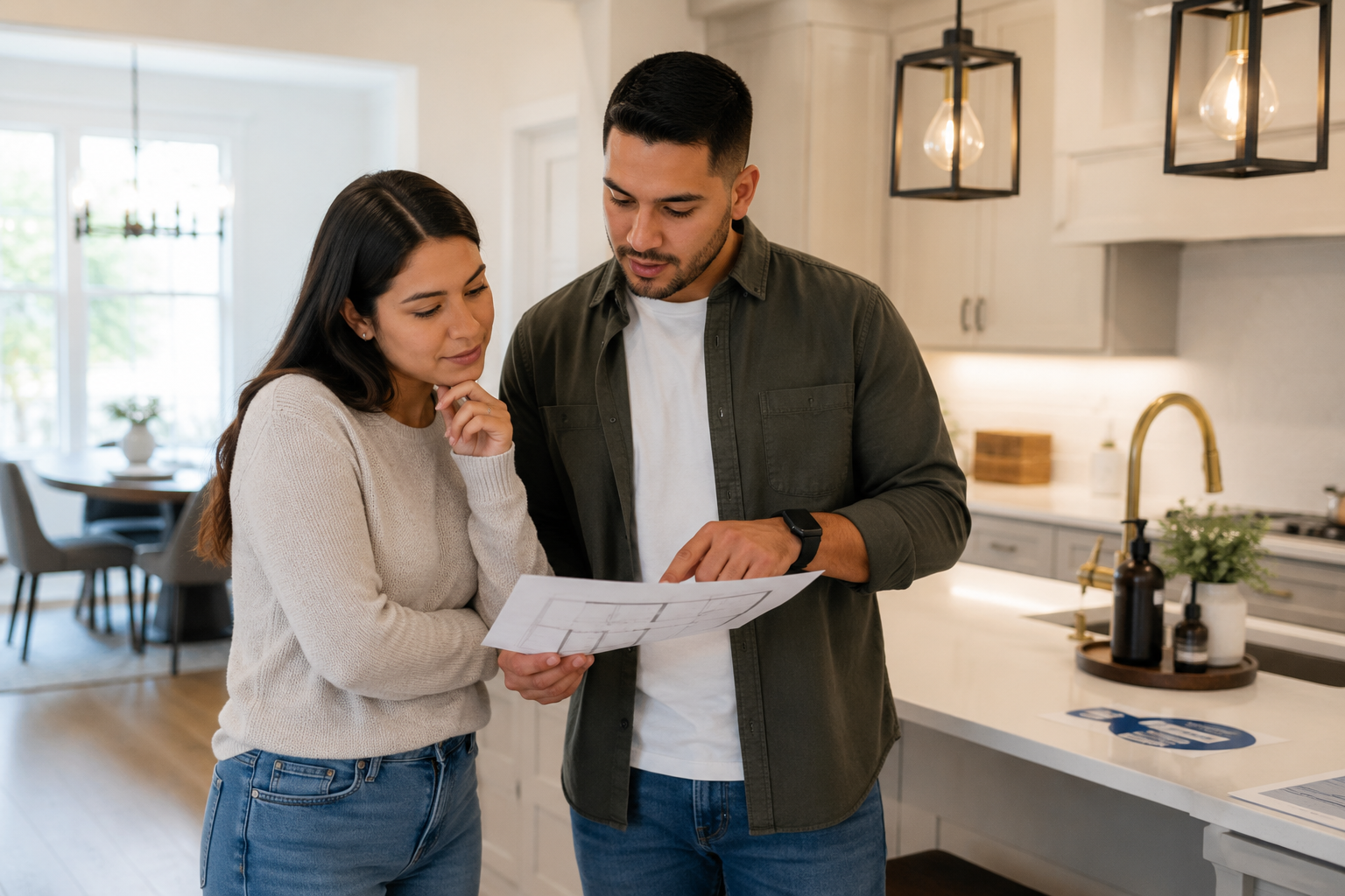 A young Hispanic couple stands together in the kitchen of a bright Greenville model home, quietly discussing where groceries, backpacks, and everyday essentials would naturally fit, realizing that choosing a floorplan is really about how their daily routines will unfold long after move-in day.