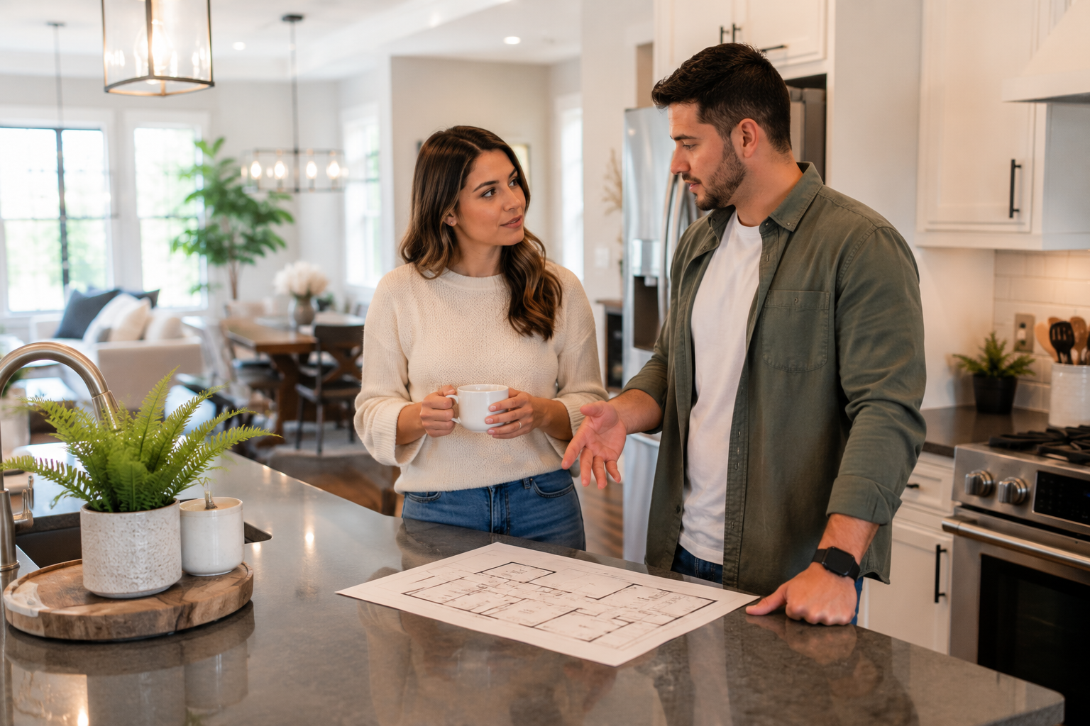 A young couple stands in a bright kitchen discussing how they would use the space, imagining daily routines, meal preparation, entertaining friends, and whether the open layout truly fits the life they want to build.