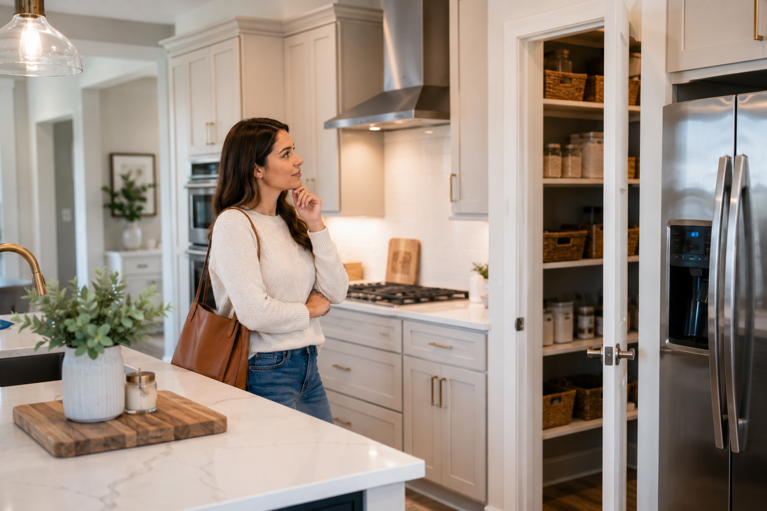 A single woman stands in a bright, thoughtfully designed kitchen, quietly picturing her daily routine as she notices the pantry, storage, and natural flow of the space, imagining what life could feel like after moving in. A single woman stands in a bright, thoughtfully designed kitchen, quietly picturing her daily routine as she notices the pantry, storage, and natural flow of the space, imagining what life could feel like after moving in.